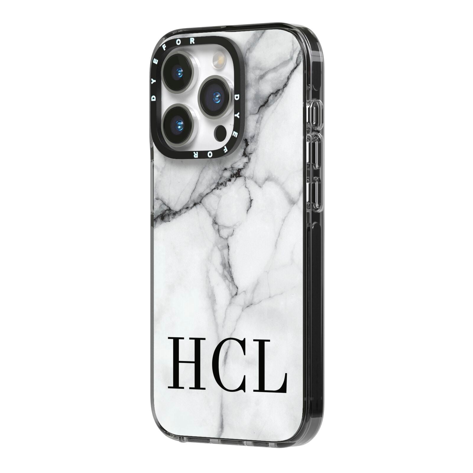 Personalised Medium Marble Initials iPhone 14 Pro Black Impact Case Side Angle on Silver phone