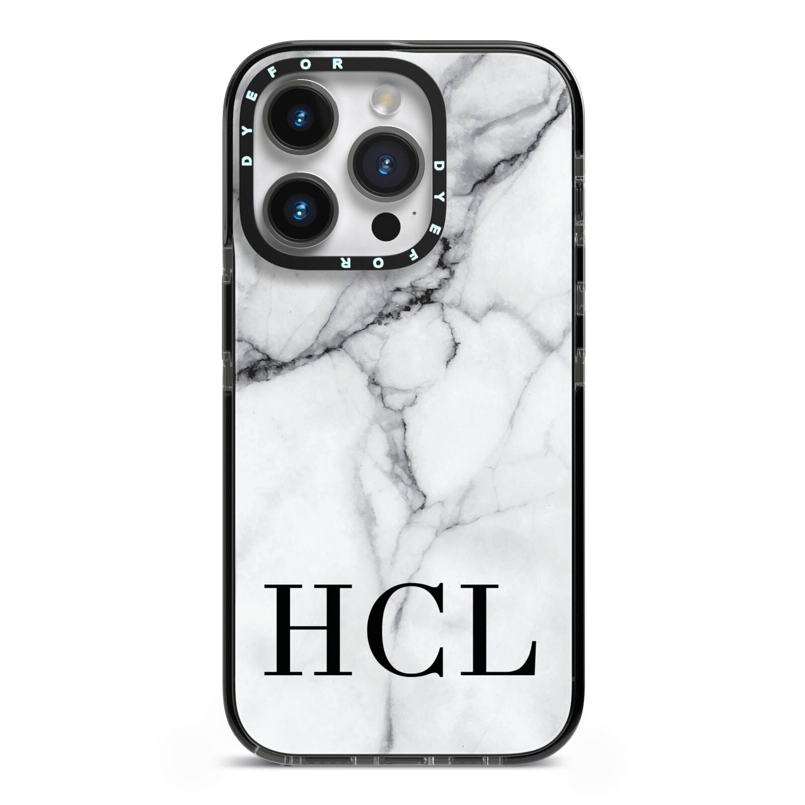 Personalised Medium Marble Initials iPhone 14 Pro Black Impact Case on Silver phone