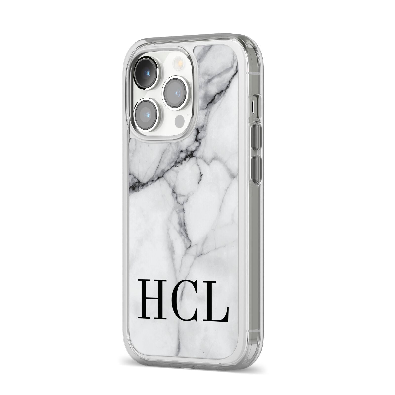 Personalised Medium Marble Initials iPhone 14 Pro Clear Tough Case Silver Angled Image