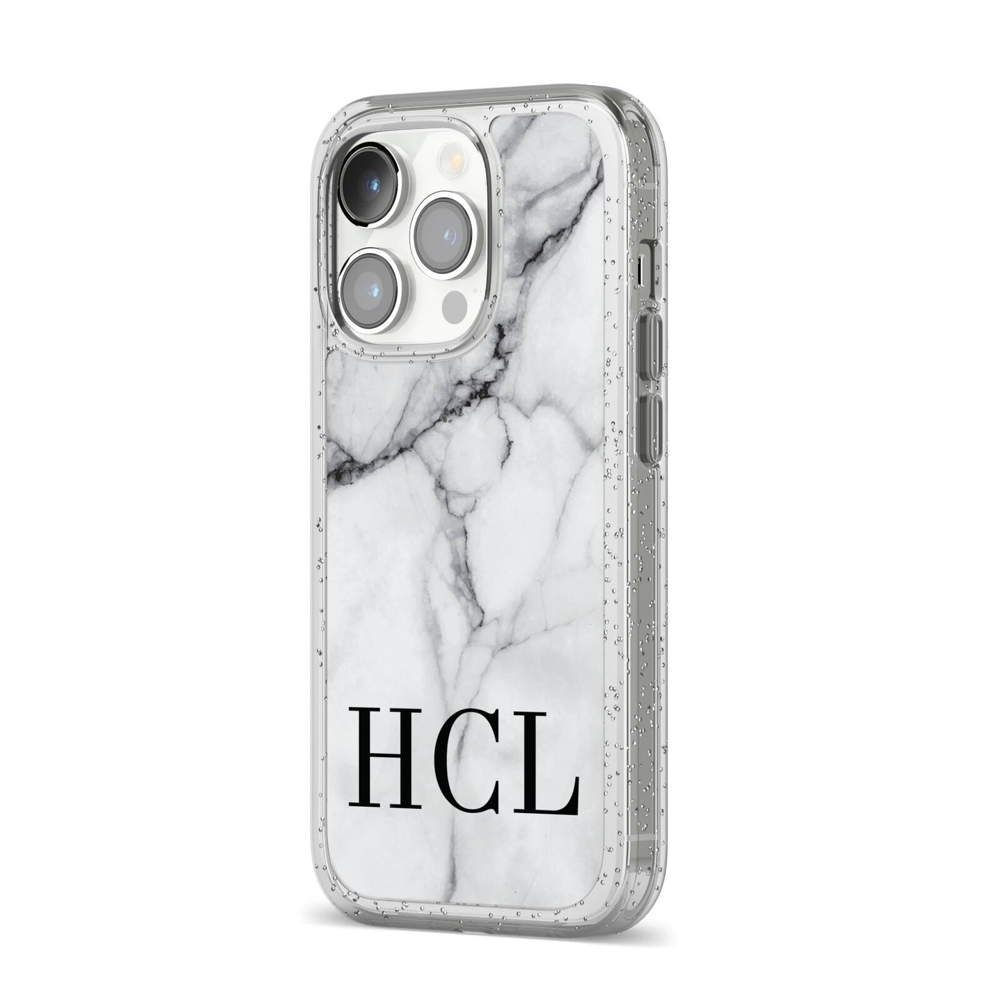 Personalised Medium Marble Initials iPhone 14 Pro Glitter Tough Case Silver Angled Image