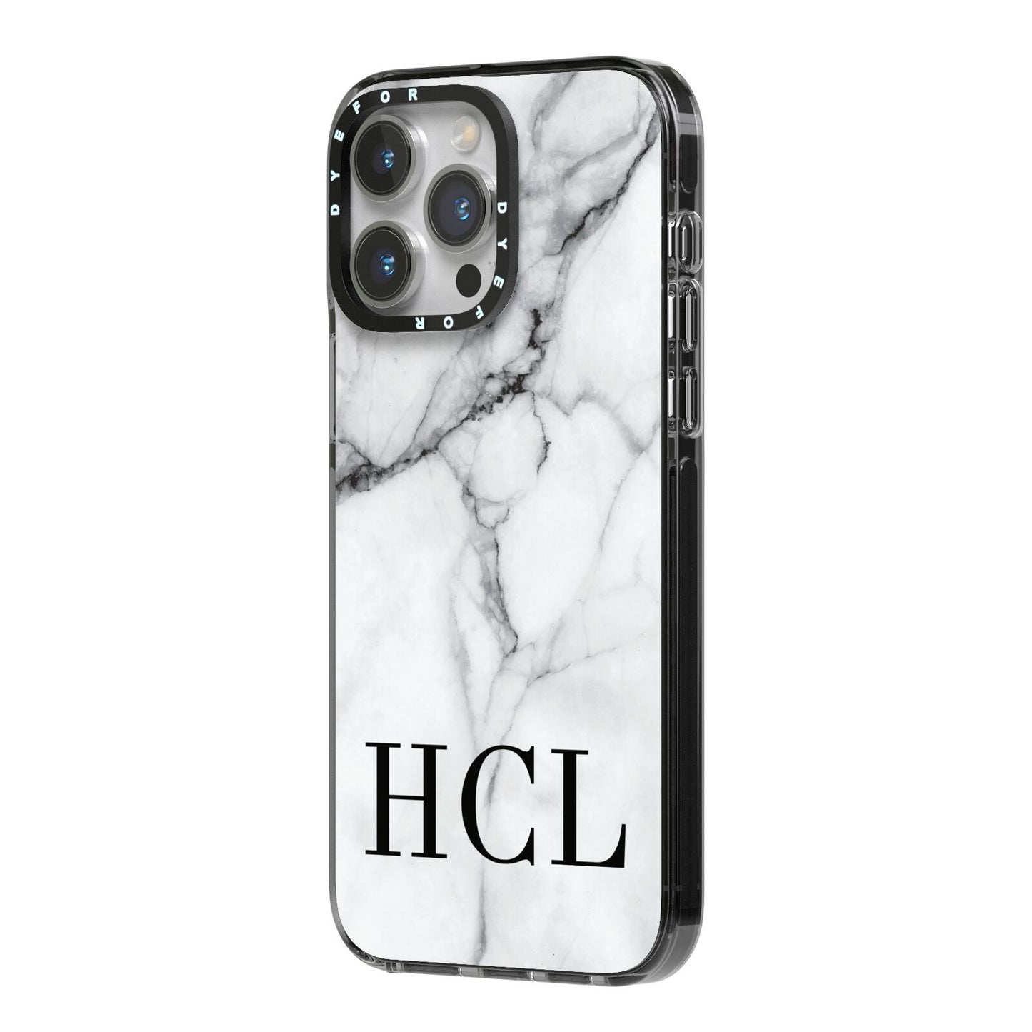 Personalised Medium Marble Initials iPhone 14 Pro Max Black Impact Case Side Angle on Silver phone