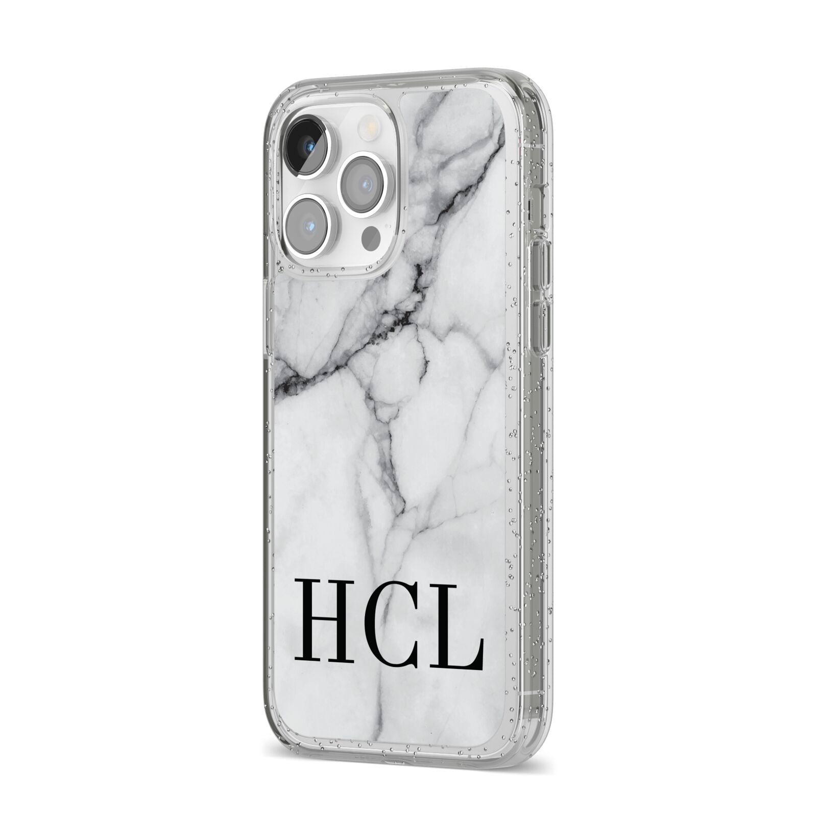 Personalised Medium Marble Initials iPhone 14 Pro Max Glitter Tough Case Silver Angled Image