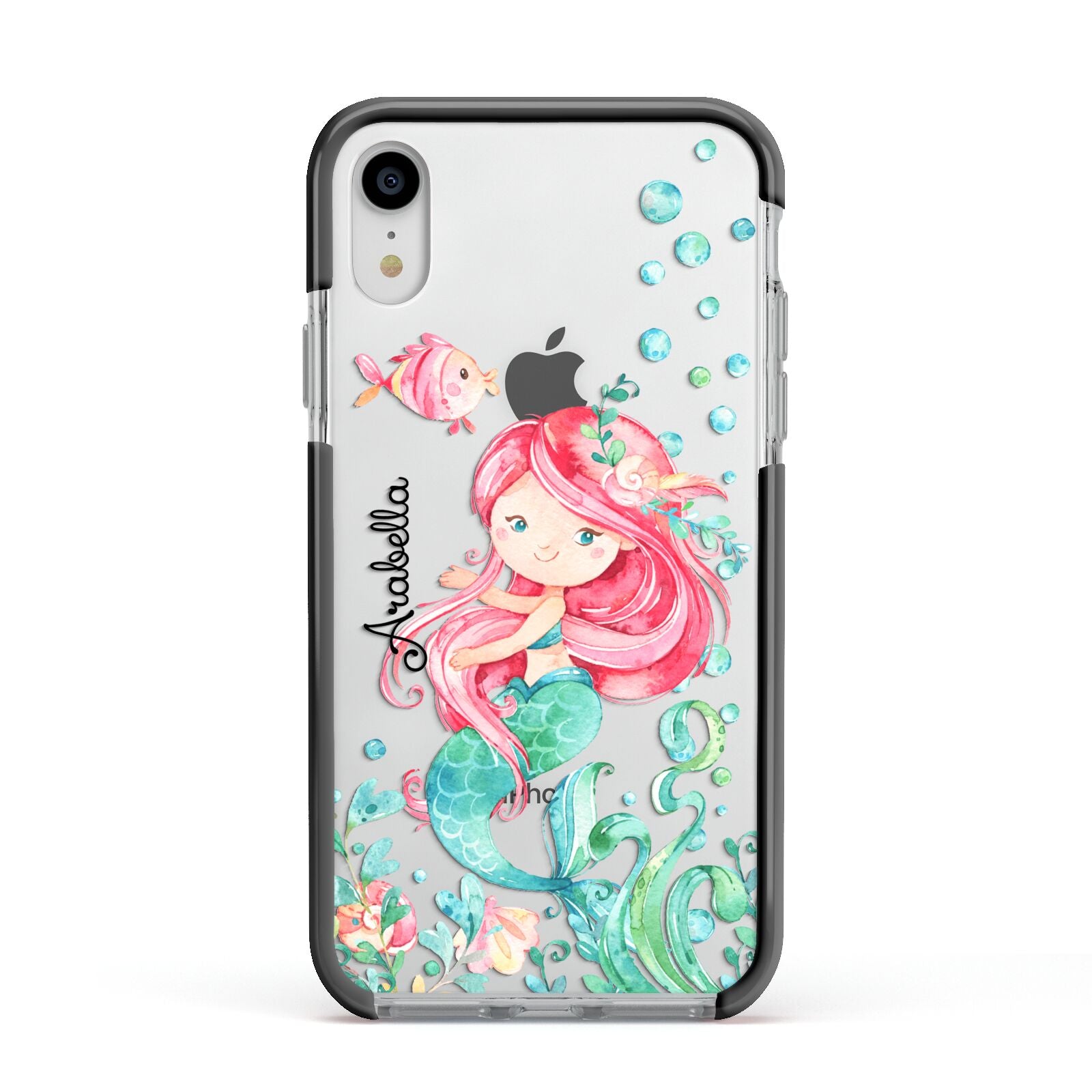 Personalised Mermaid Apple iPhone XR Impact Case Black Edge on Silver Phone