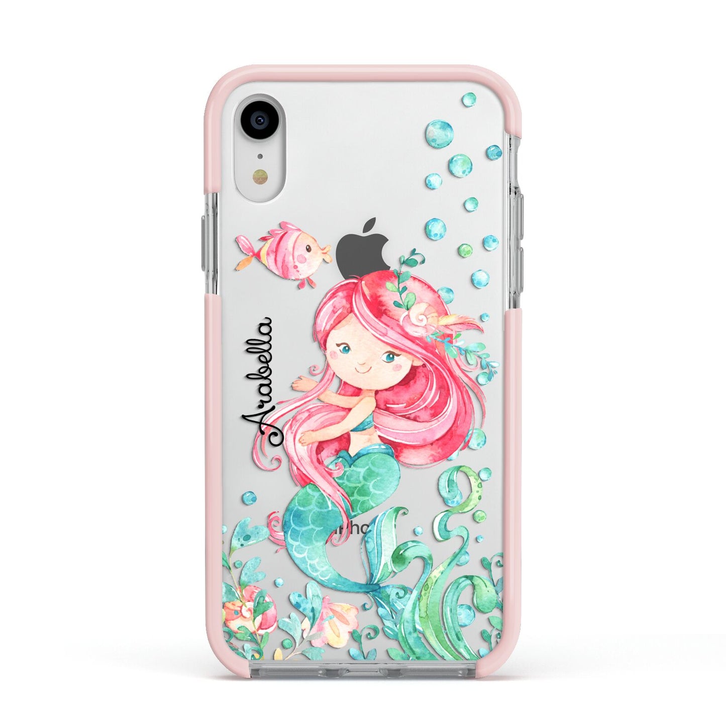 Personalised Mermaid Apple iPhone XR Impact Case Pink Edge on Silver Phone