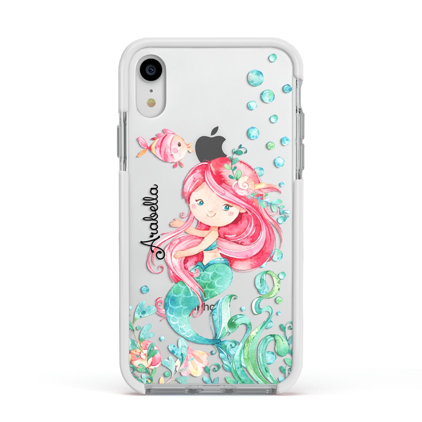 Personalised Mermaid Apple iPhone XR Impact Case White Edge on Silver Phone