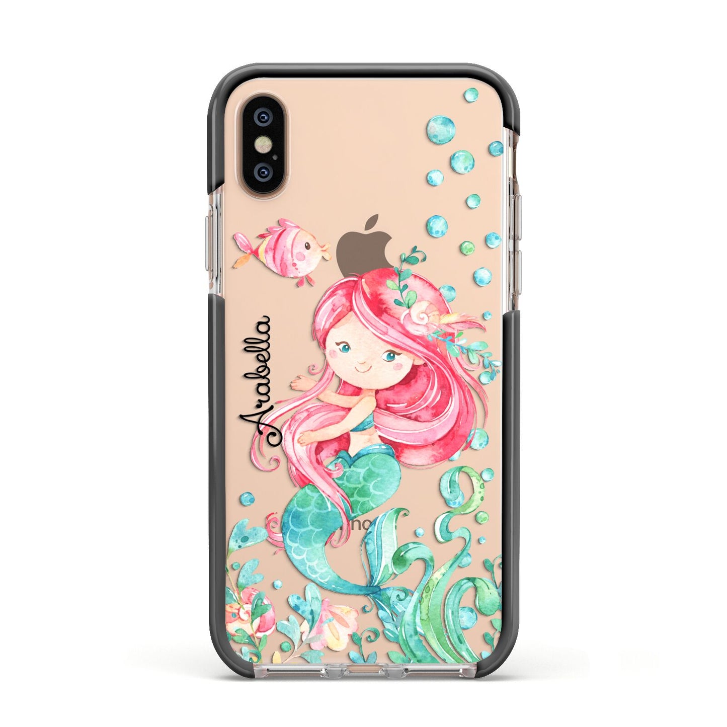 Personalised Mermaid Apple iPhone Xs Impact Case Black Edge on Gold Phone