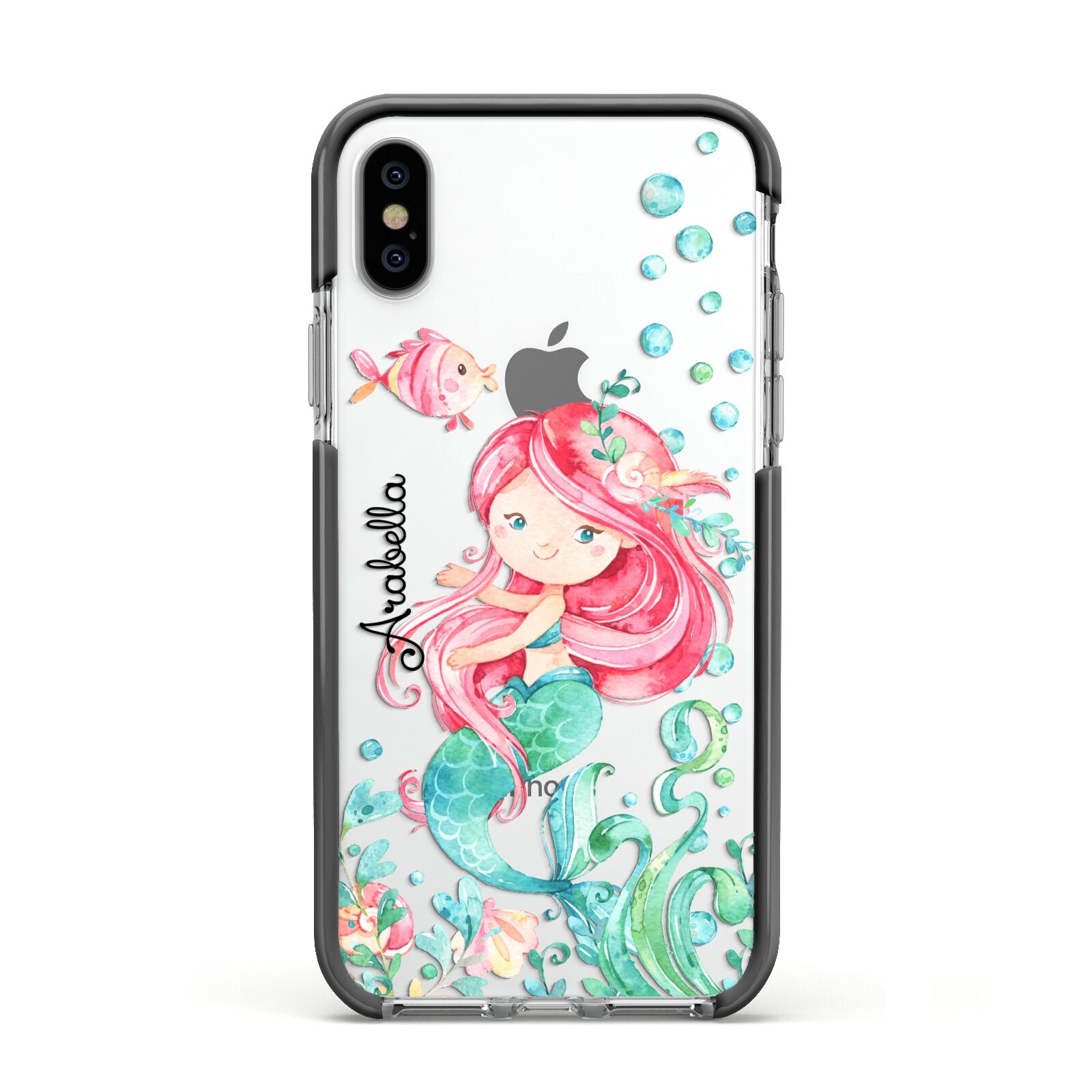 Personalised Mermaid Apple iPhone Xs Impact Case Black Edge on Silver Phone