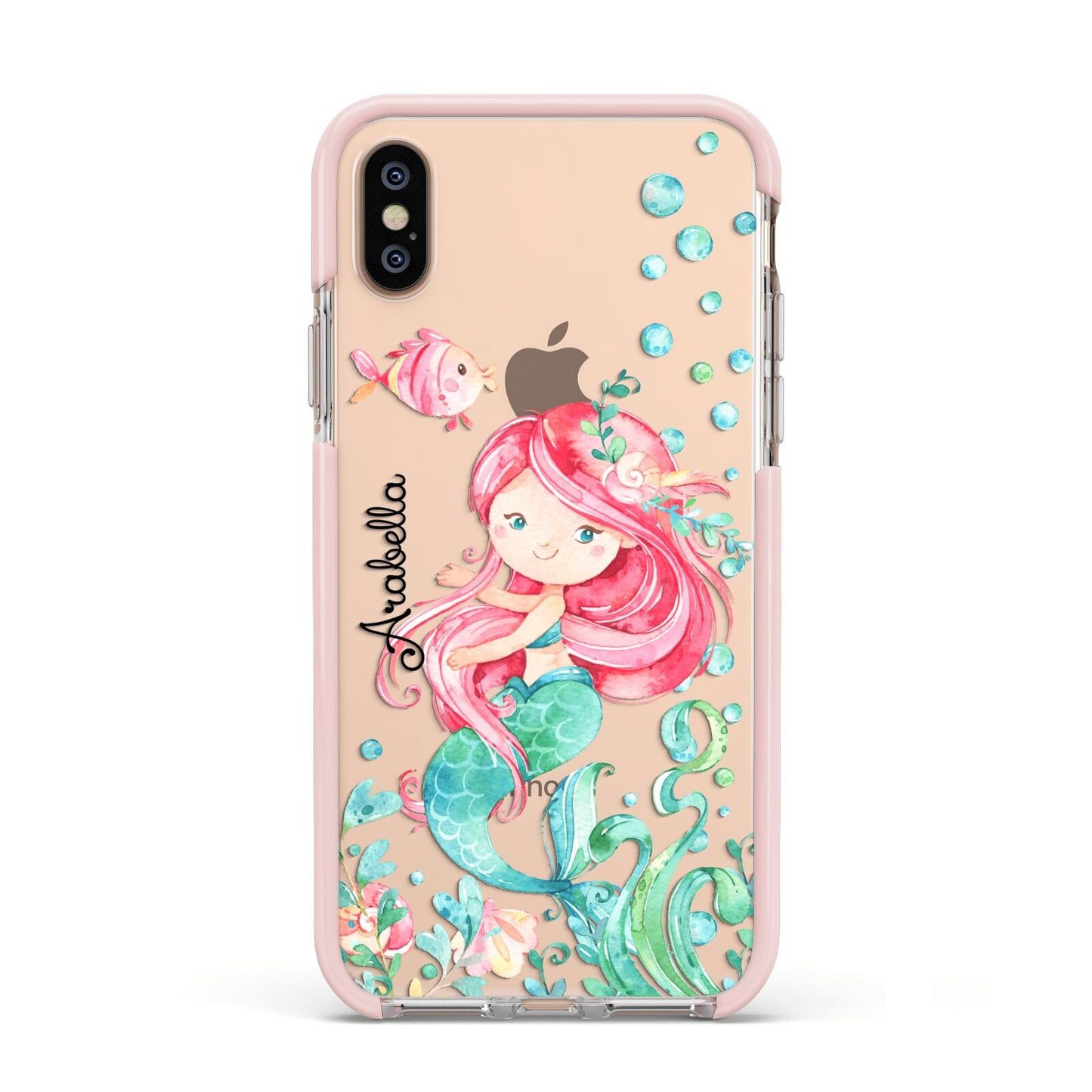Personalised Mermaid Apple iPhone Xs Impact Case Pink Edge on Gold Phone