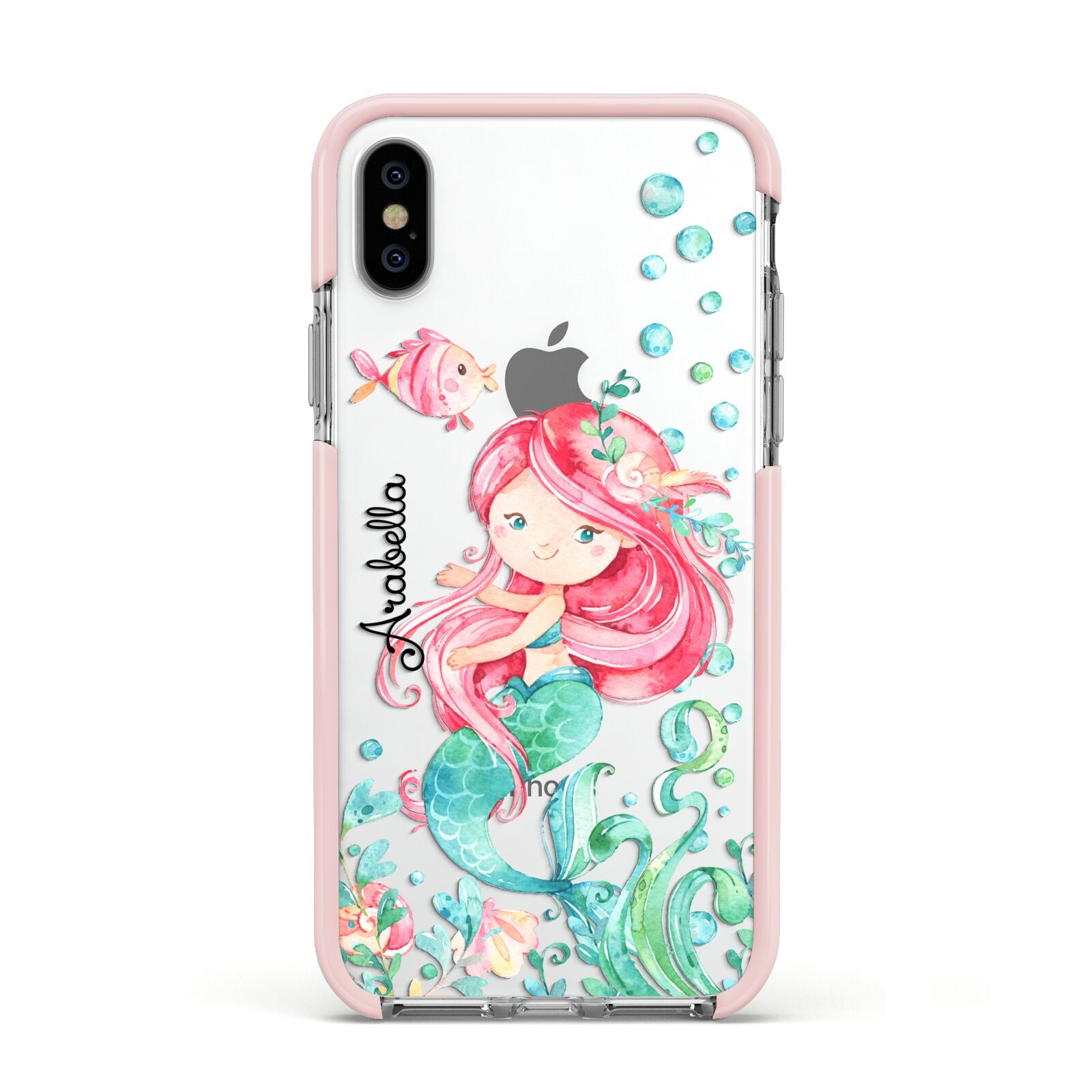 Personalised Mermaid Apple iPhone Xs Impact Case Pink Edge on Silver Phone