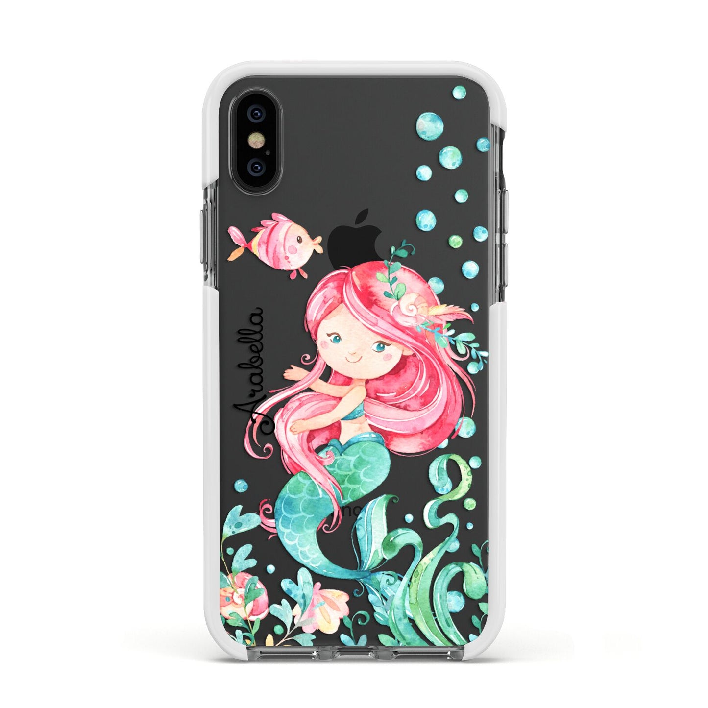 Personalised Mermaid Apple iPhone Xs Impact Case White Edge on Black Phone