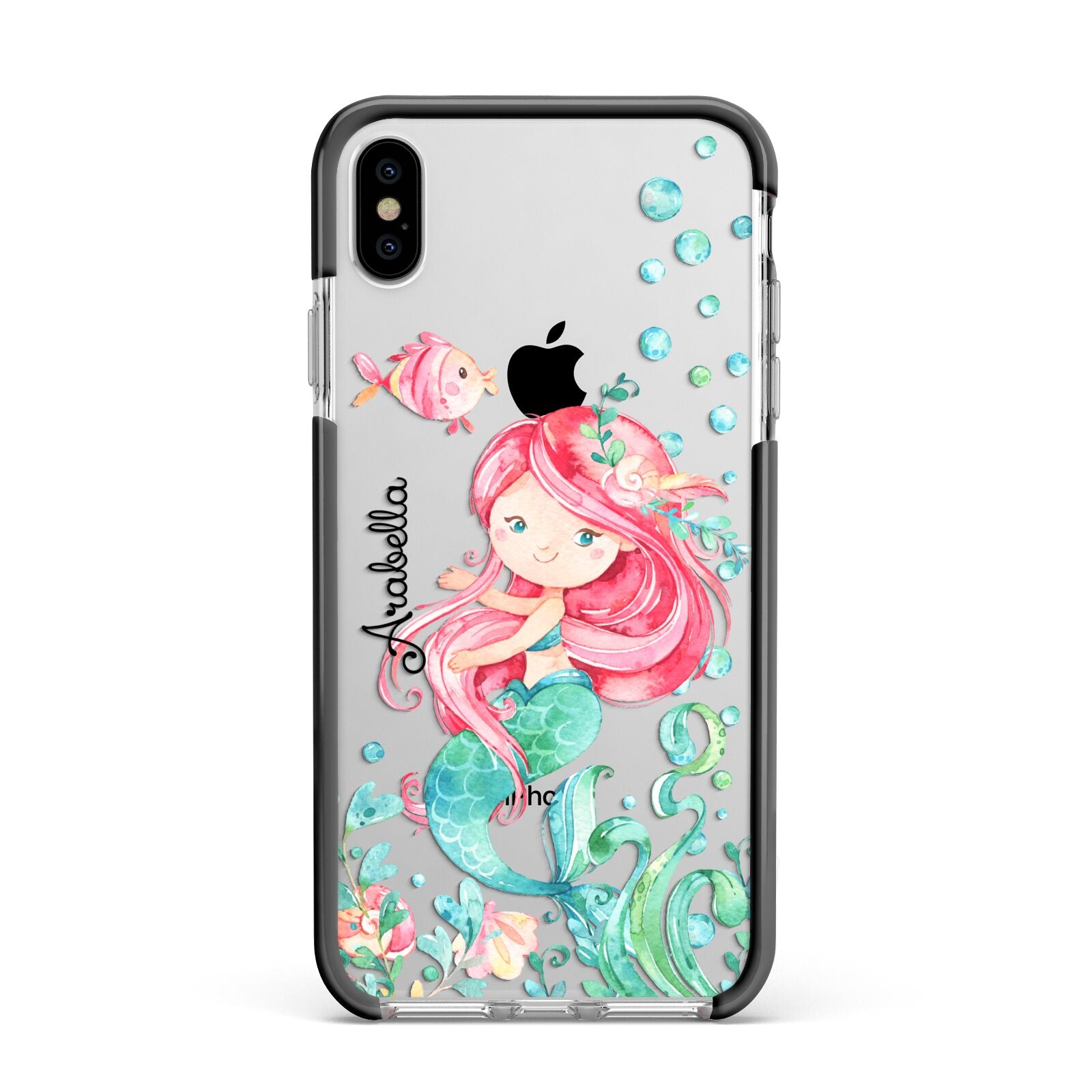 Personalised Mermaid Apple iPhone Xs Max Impact Case Black Edge on Silver Phone