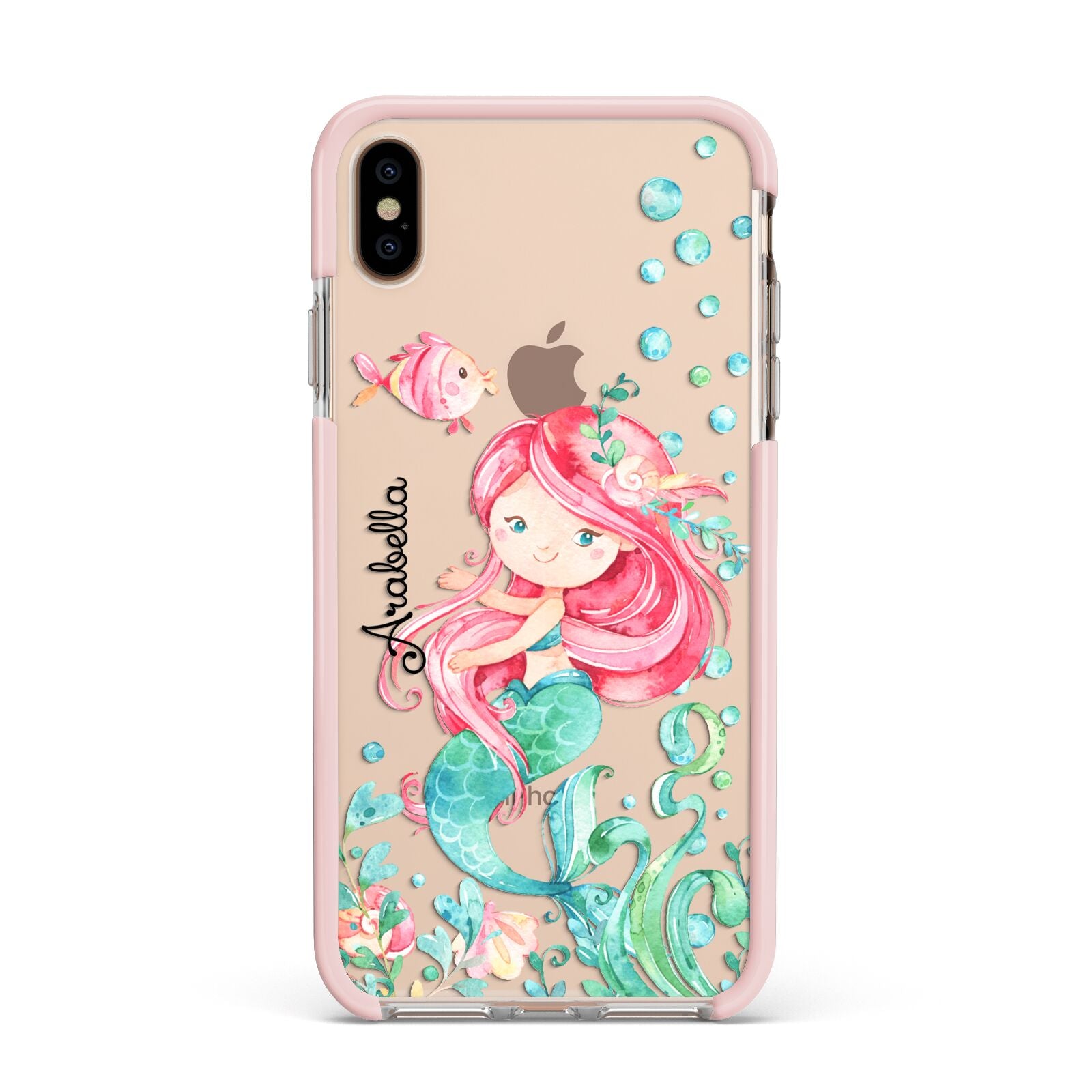 Personalised Mermaid Apple iPhone Xs Max Impact Case Pink Edge on Gold Phone