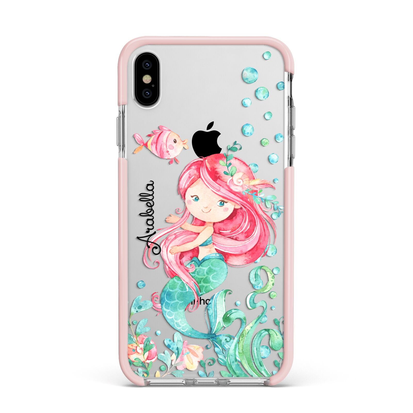 Personalised Mermaid Apple iPhone Xs Max Impact Case Pink Edge on Silver Phone