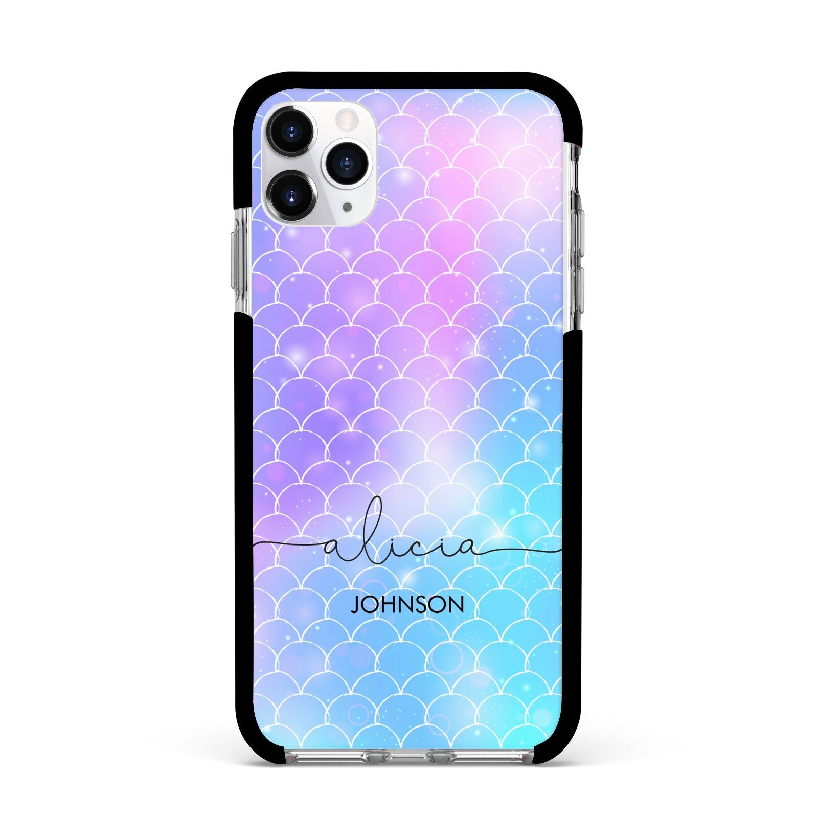 Personalised Mermaid Glitter with Names Apple iPhone 11 Pro Max in Silver with Black Impact Case