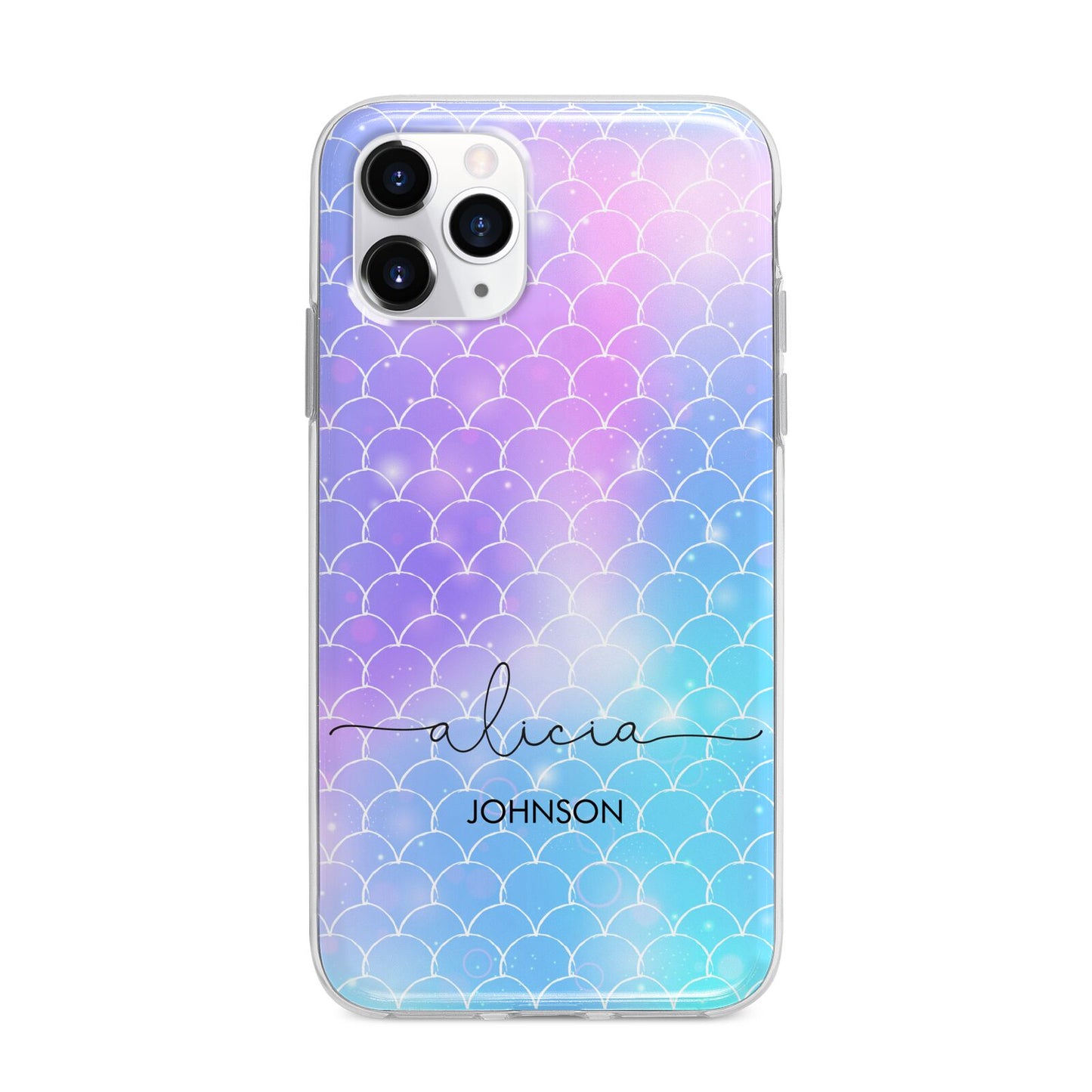 Personalised Mermaid Glitter with Names Apple iPhone 11 Pro Max in Silver with Bumper Case