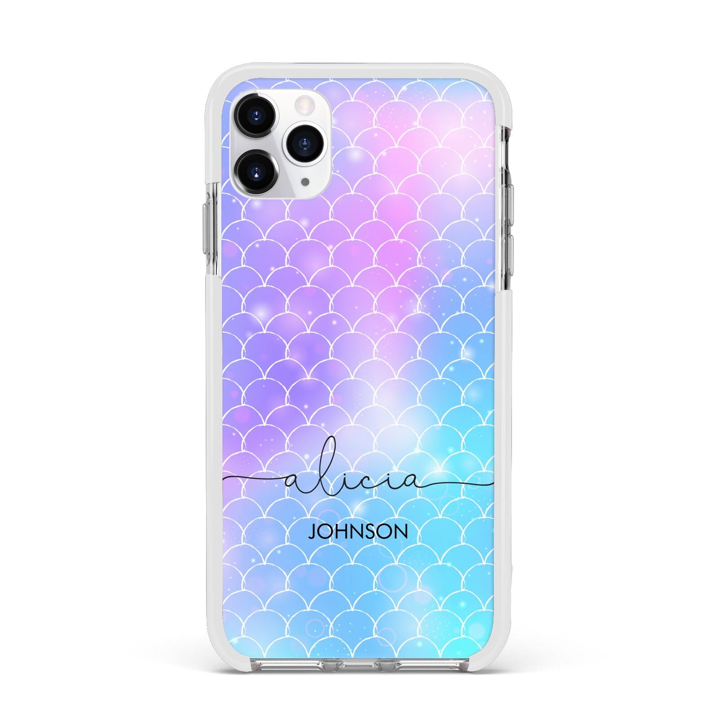 Personalised Mermaid Glitter with Names Apple iPhone 11 Pro Max in Silver with White Impact Case