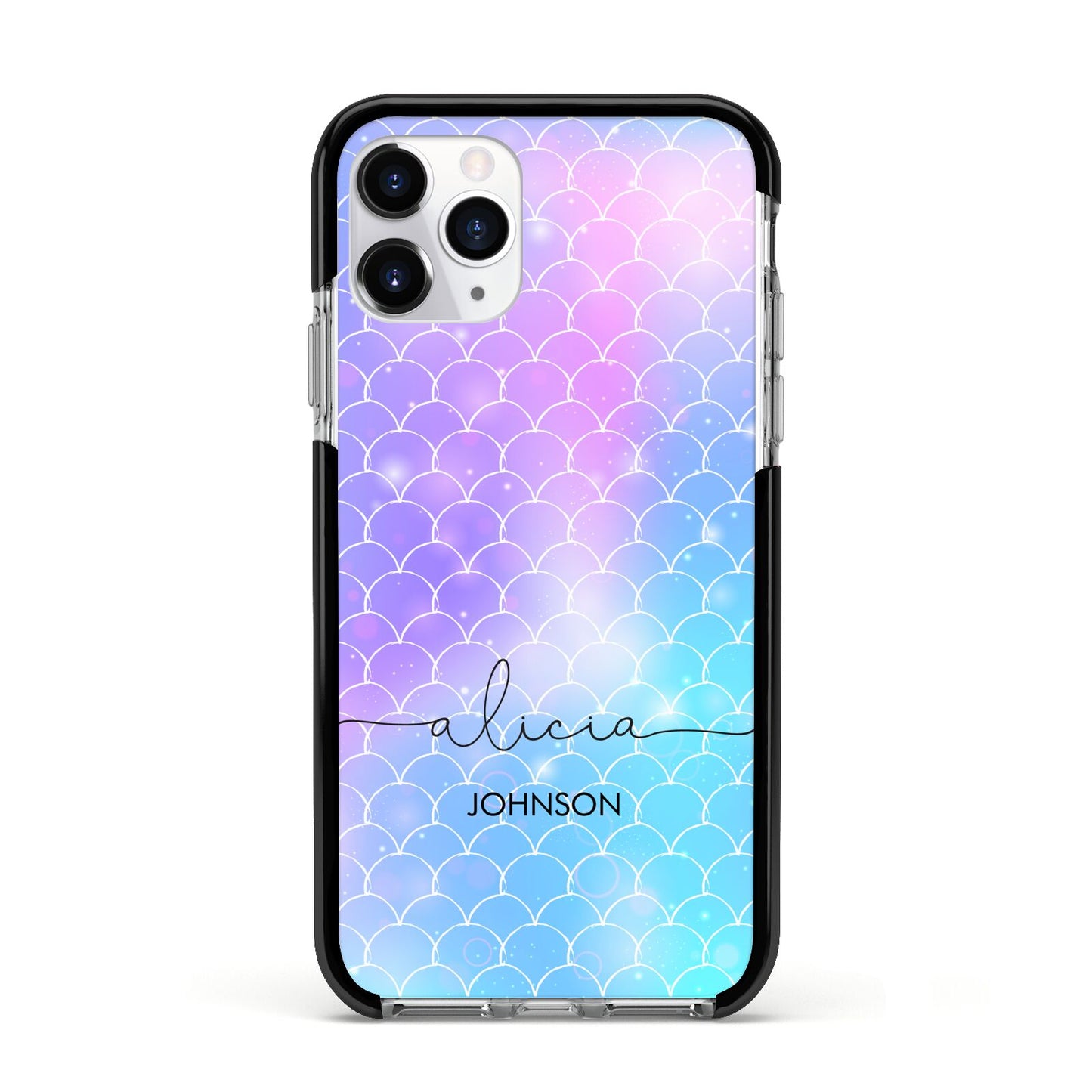 Personalised Mermaid Glitter with Names Apple iPhone 11 Pro in Silver with Black Impact Case