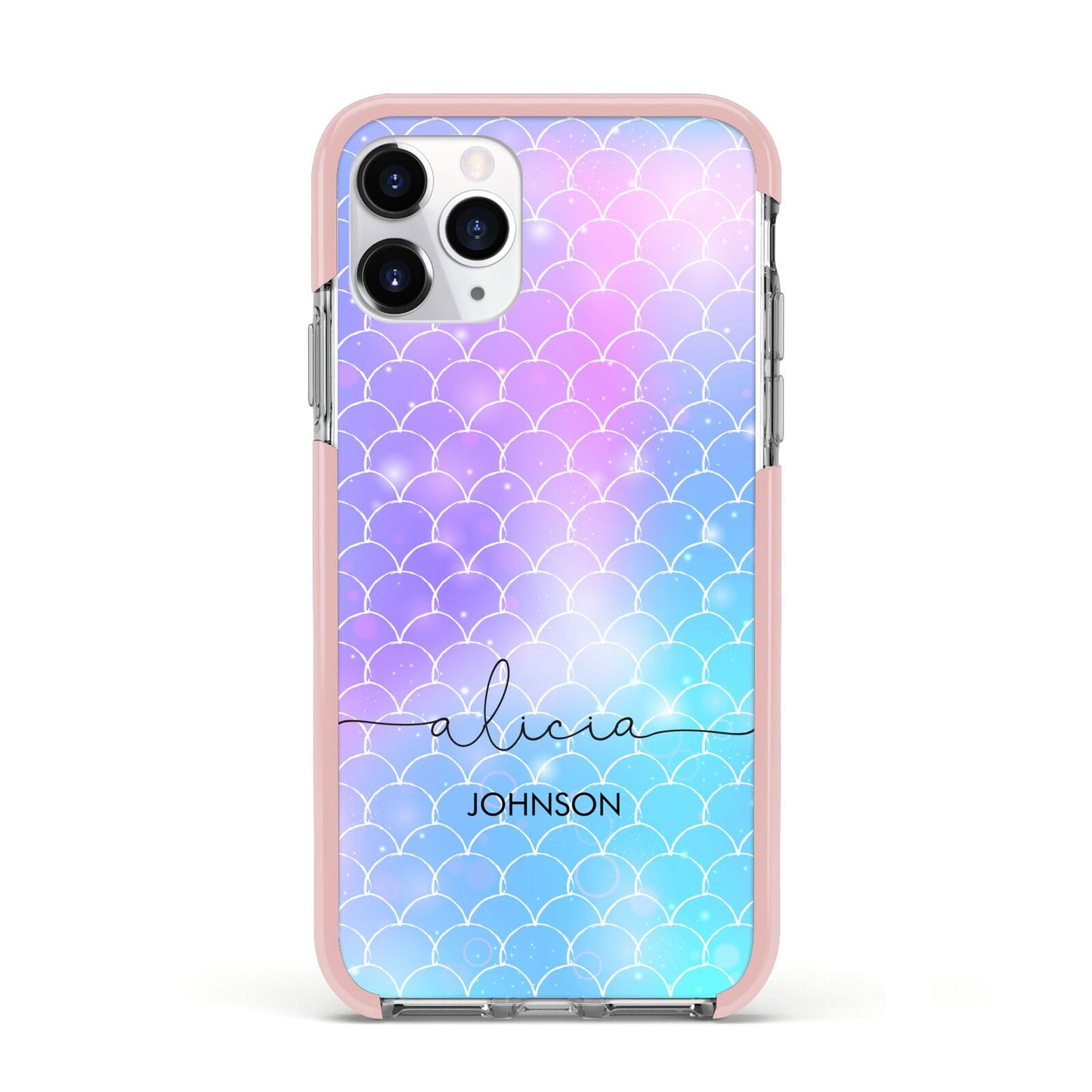 Personalised Mermaid Glitter with Names Apple iPhone 11 Pro in Silver with Pink Impact Case