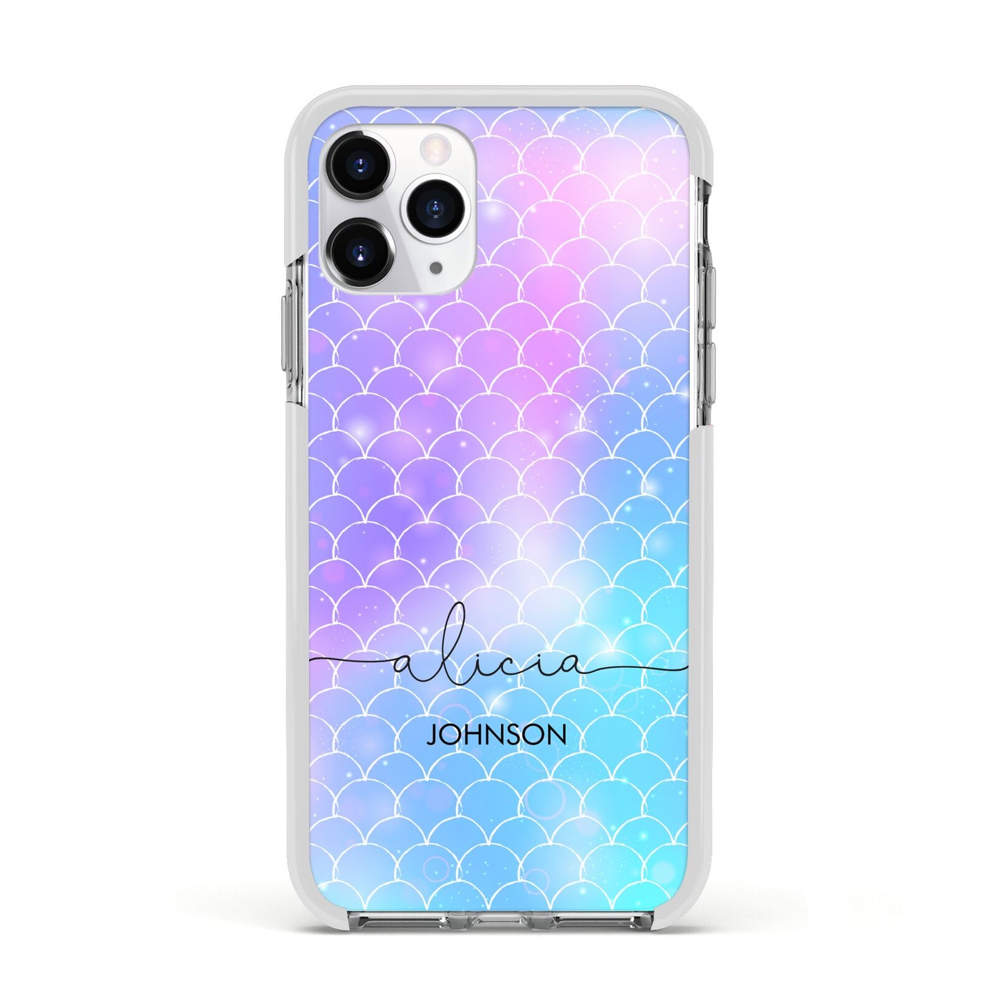 Personalised Mermaid Glitter with Names Apple iPhone 11 Pro in Silver with White Impact Case