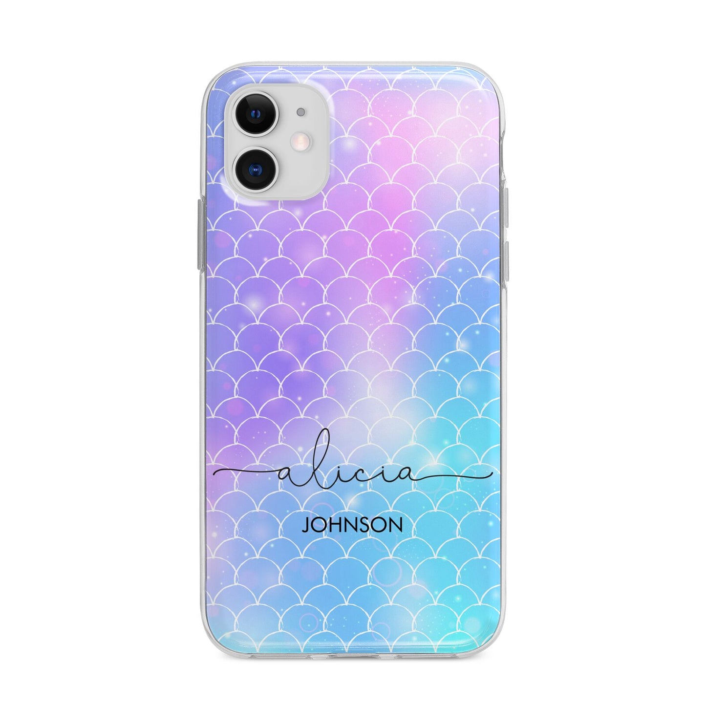 Personalised Mermaid Glitter with Names Apple iPhone 11 in White with Bumper Case