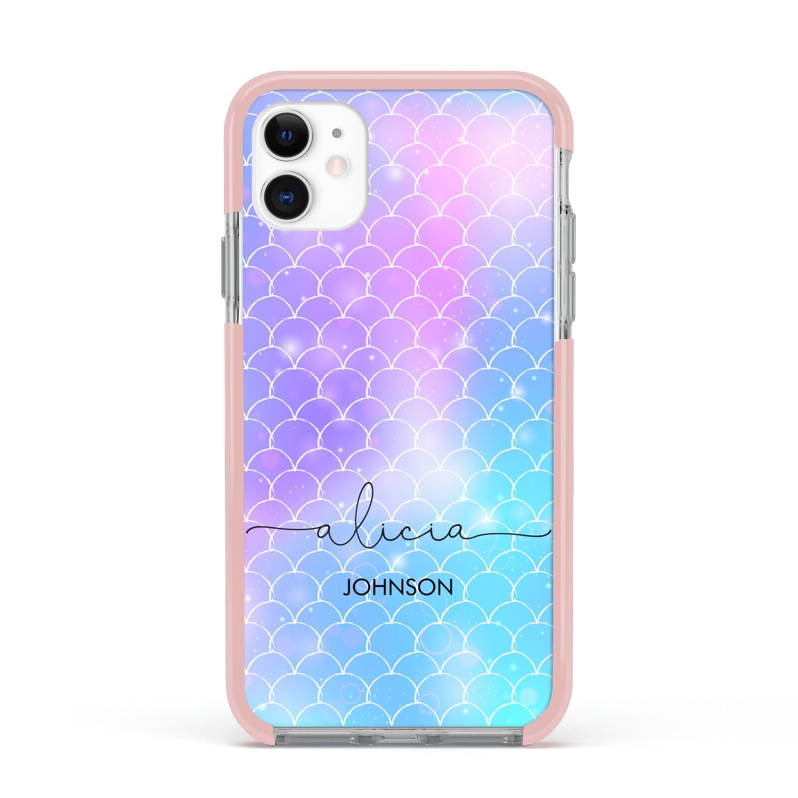 Personalised Mermaid Glitter with Names Apple iPhone 11 in White with Pink Impact Case