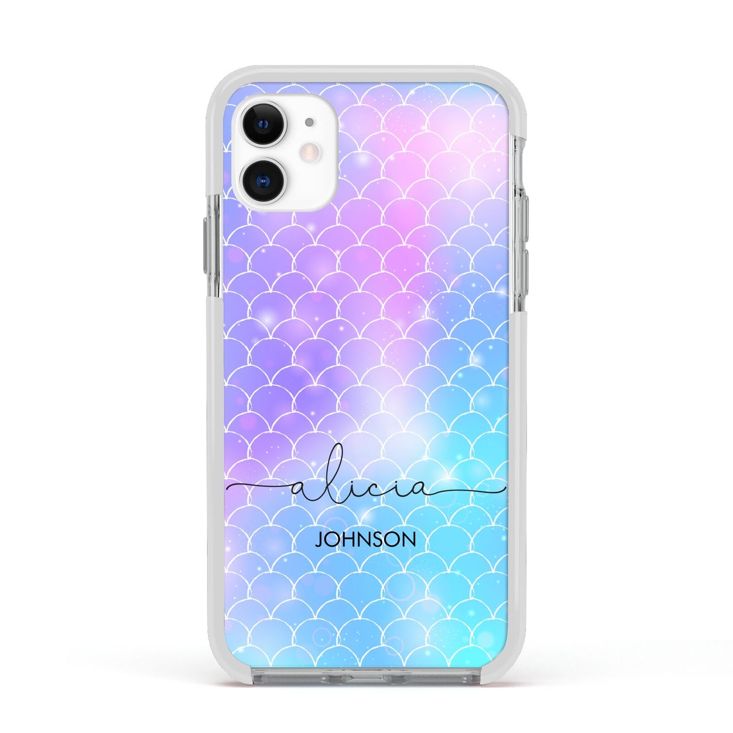 Personalised Mermaid Glitter with Names Apple iPhone 11 in White with White Impact Case