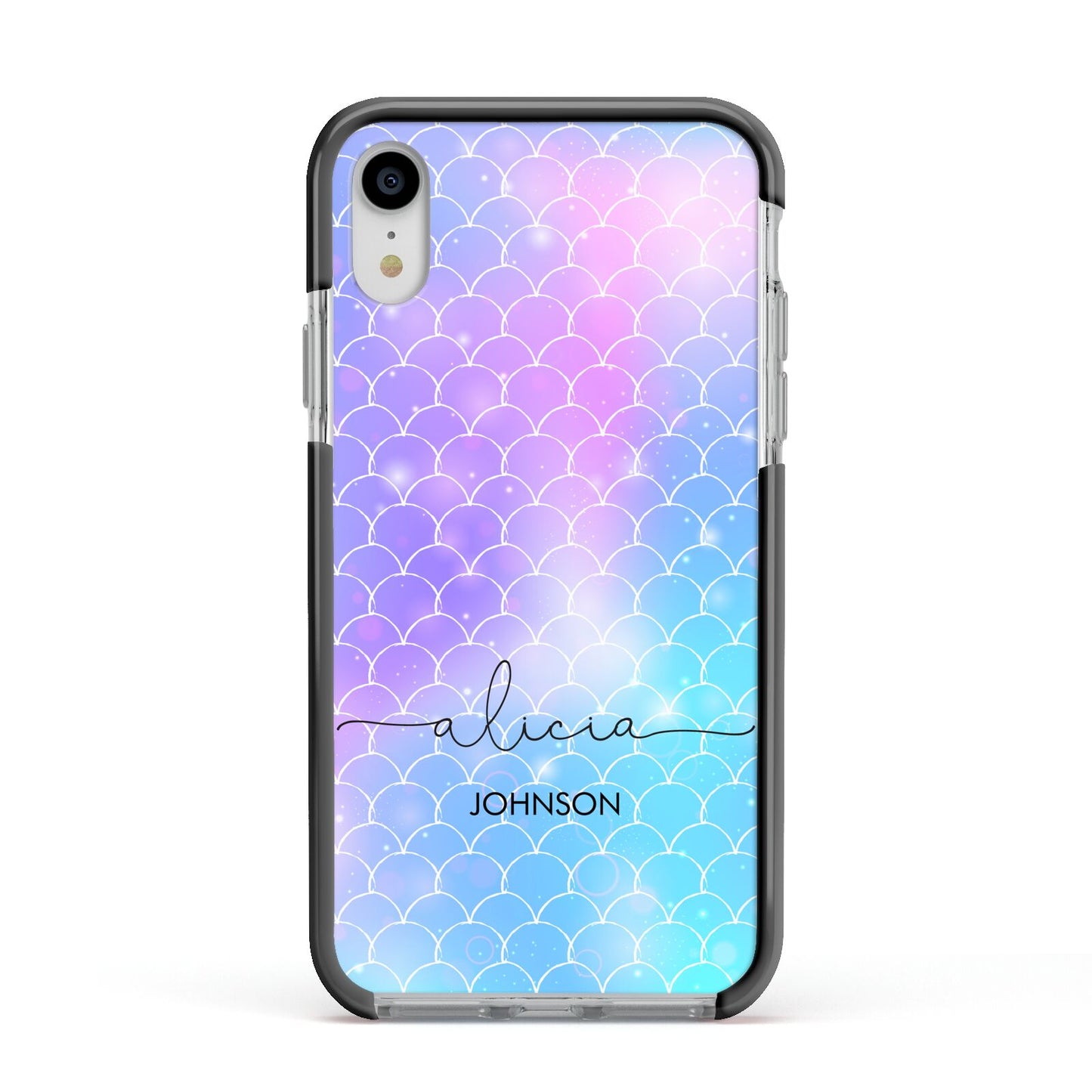Personalised Mermaid Glitter with Names Apple iPhone XR Impact Case Black Edge on Silver Phone