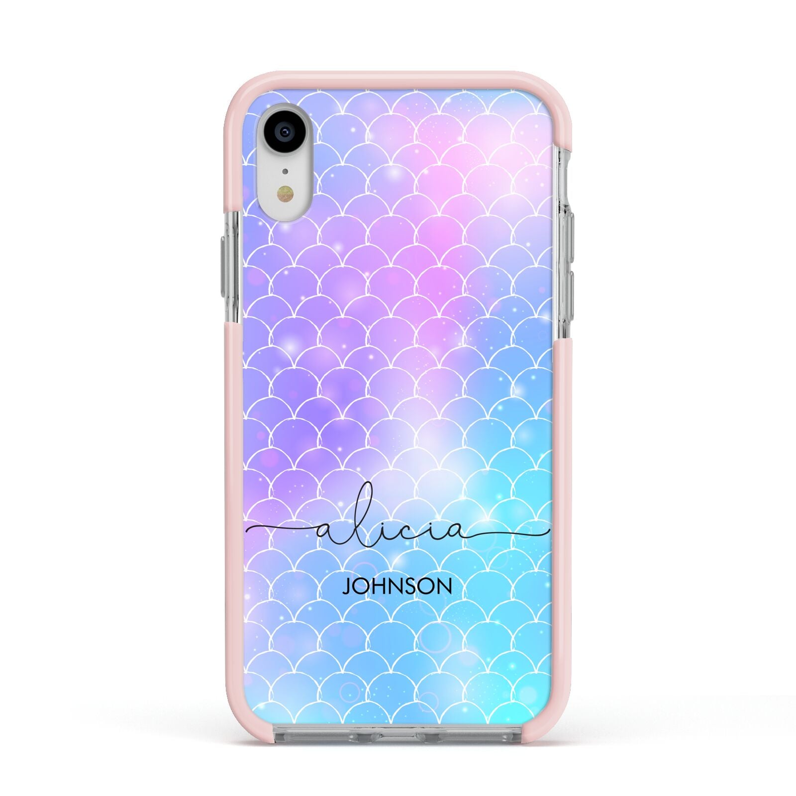 Personalised Mermaid Glitter with Names Apple iPhone XR Impact Case Pink Edge on Silver Phone