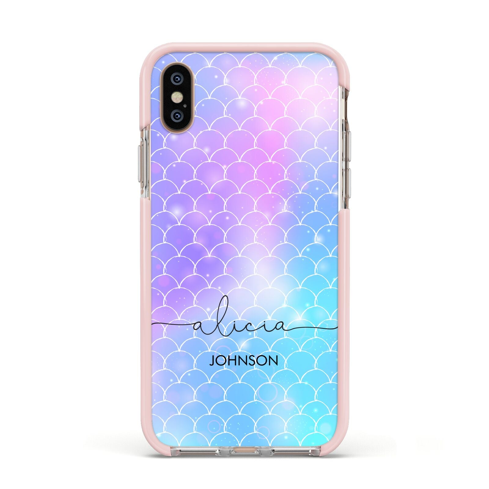 Personalised Mermaid Glitter with Names Apple iPhone Xs Impact Case Pink Edge on Gold Phone