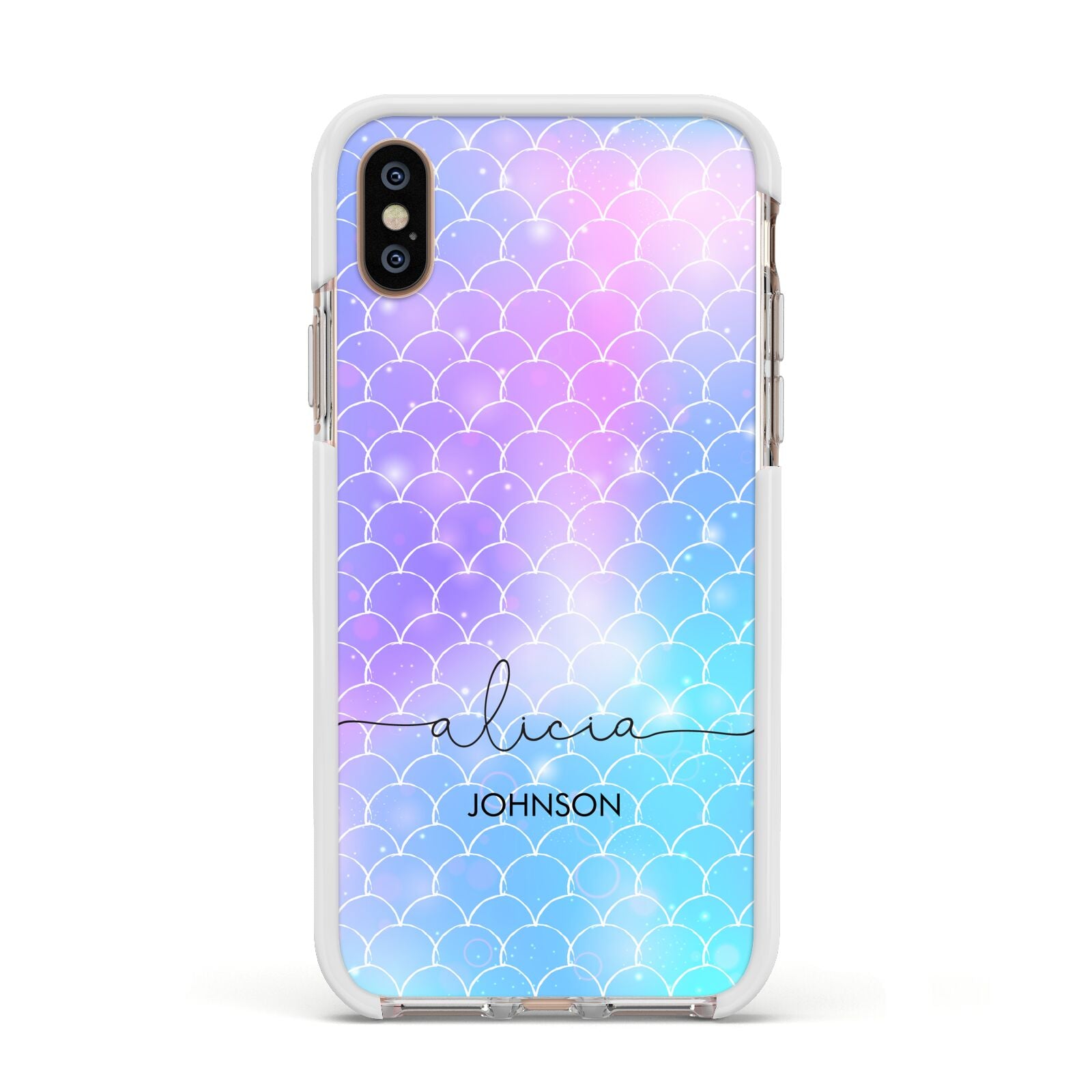 Personalised Mermaid Glitter with Names Apple iPhone Xs Impact Case White Edge on Gold Phone