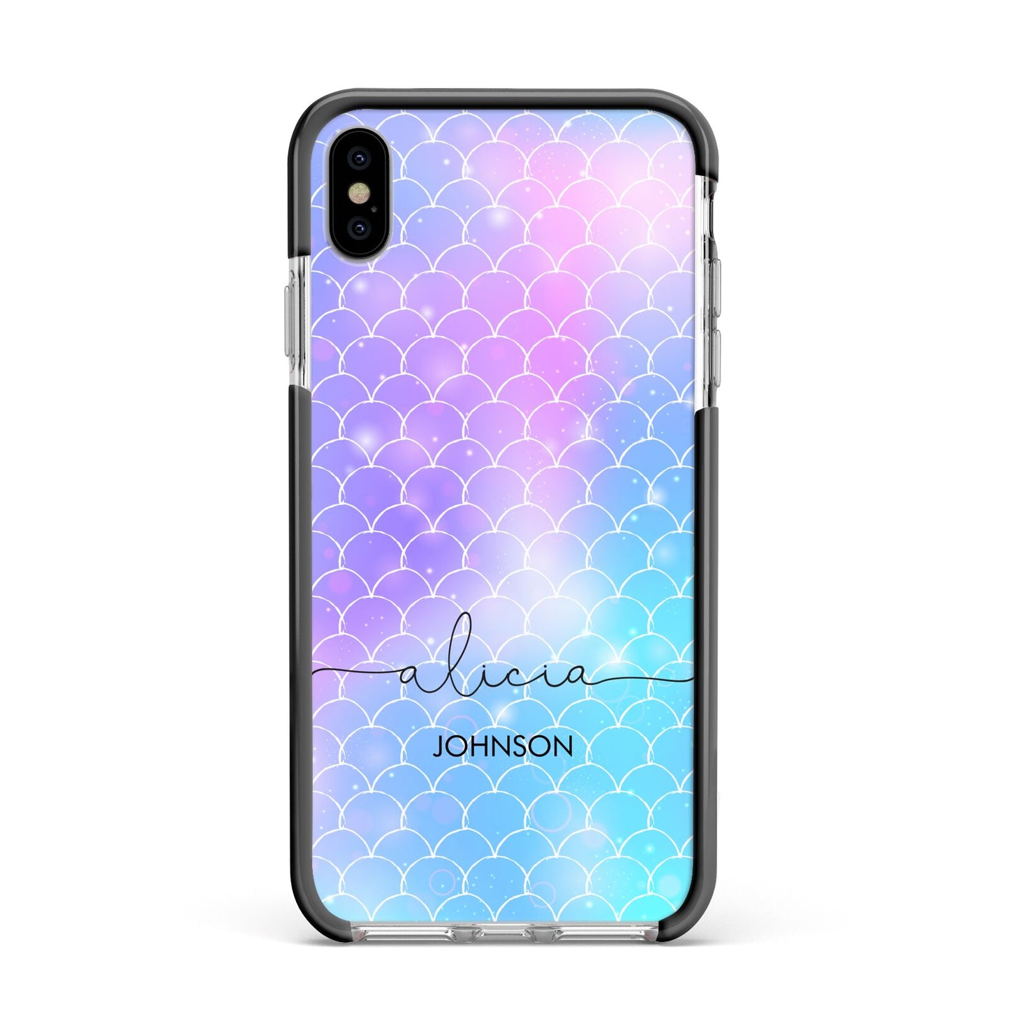 Personalised Mermaid Glitter with Names Apple iPhone Xs Max Impact Case Black Edge on Silver Phone