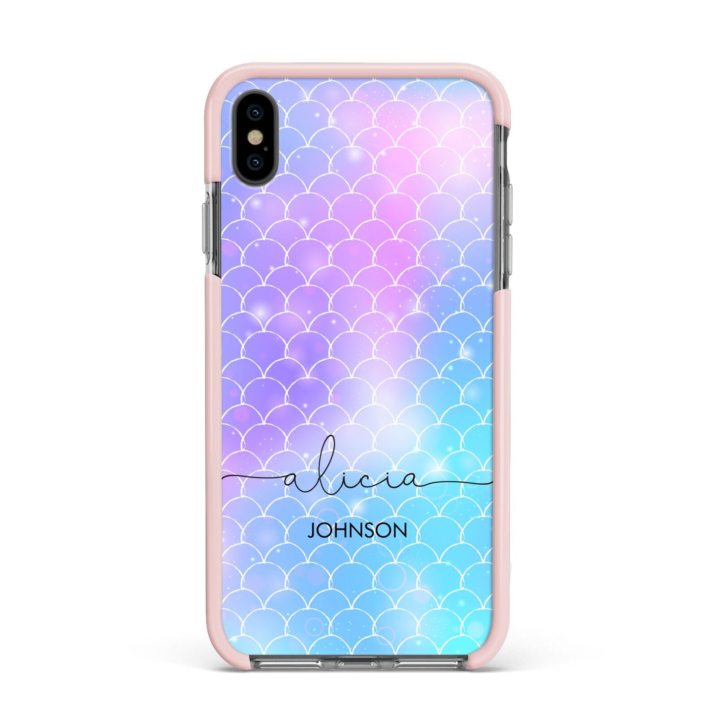 Personalised Mermaid Glitter with Names Apple iPhone Xs Max Impact Case Pink Edge on Black Phone