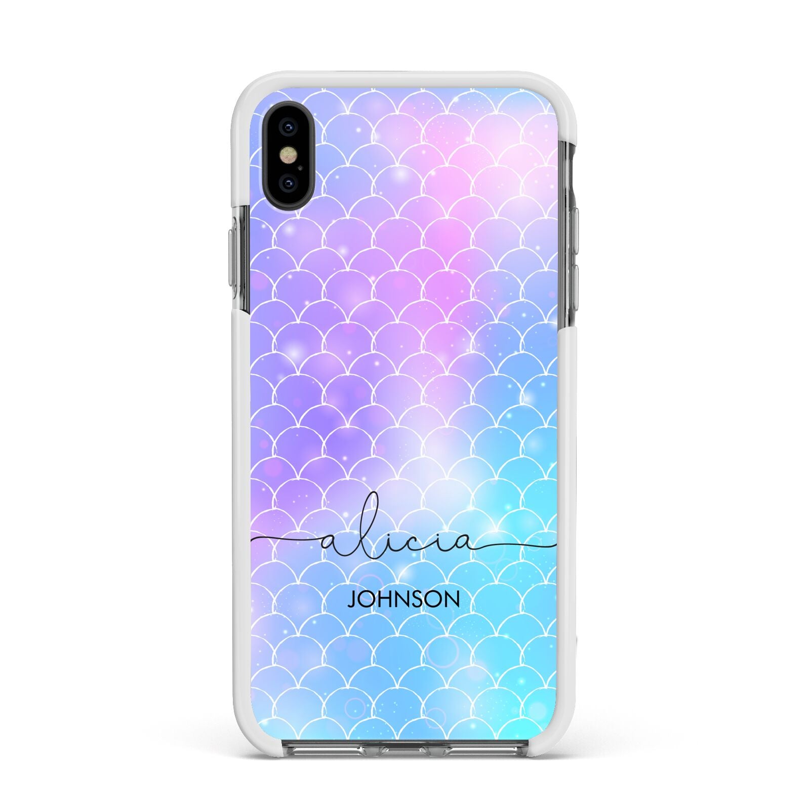 Personalised Mermaid Glitter with Names Apple iPhone Xs Max Impact Case White Edge on Black Phone