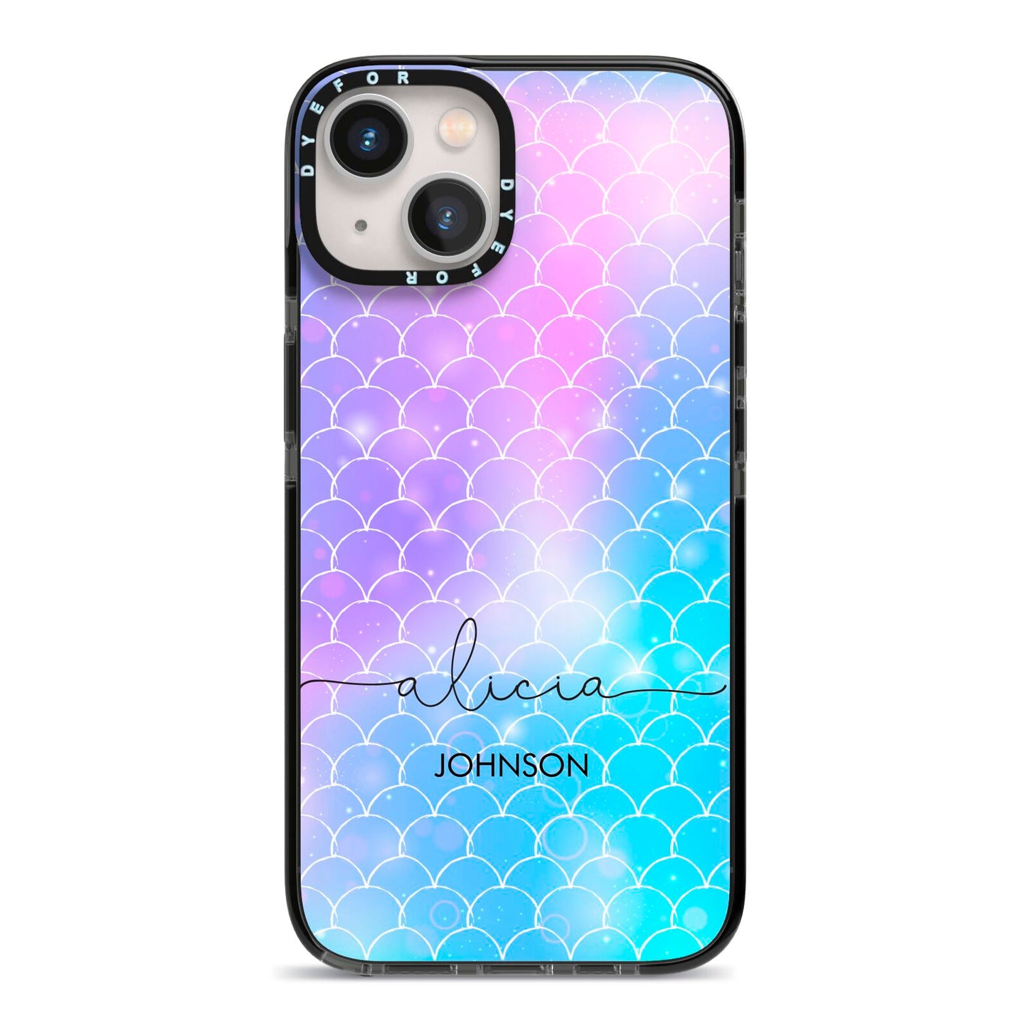Personalised Mermaid Glitter with Names iPhone 13 Black Impact Case on Silver phone