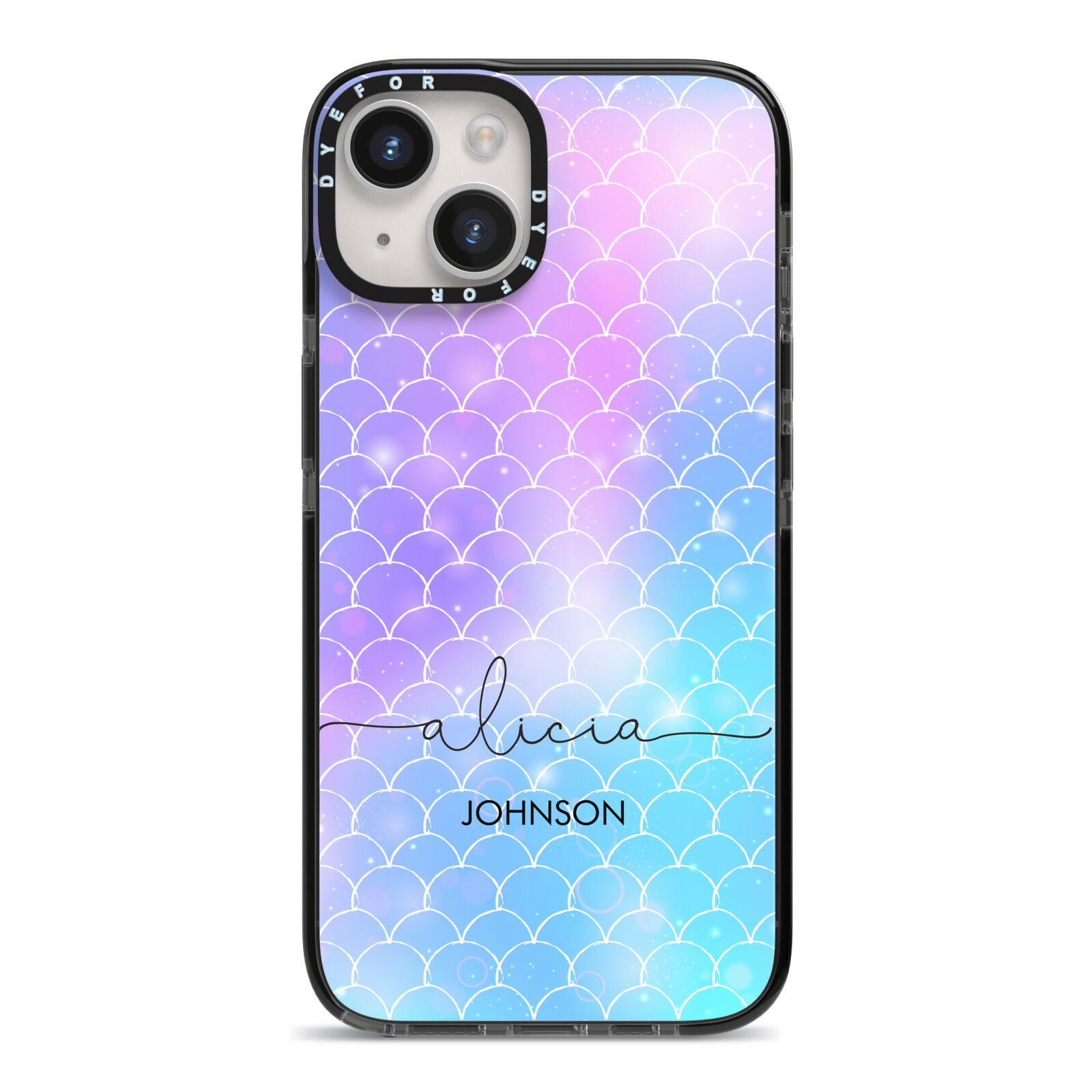 Personalised Mermaid Glitter with Names iPhone 14 Black Impact Case on Silver phone