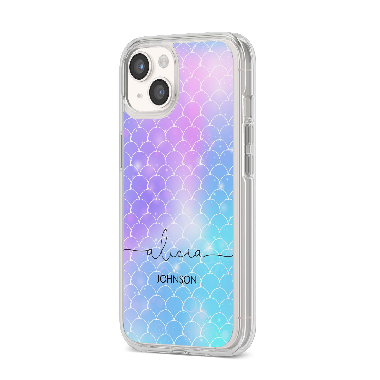 Personalised Mermaid Glitter with Names iPhone 14 Clear Tough Case Starlight Angled Image