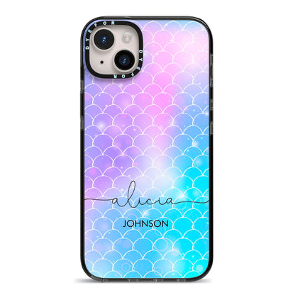 Personalised Mermaid Glitter with Names iPhone 14 Plus Black Impact Case on Silver phone