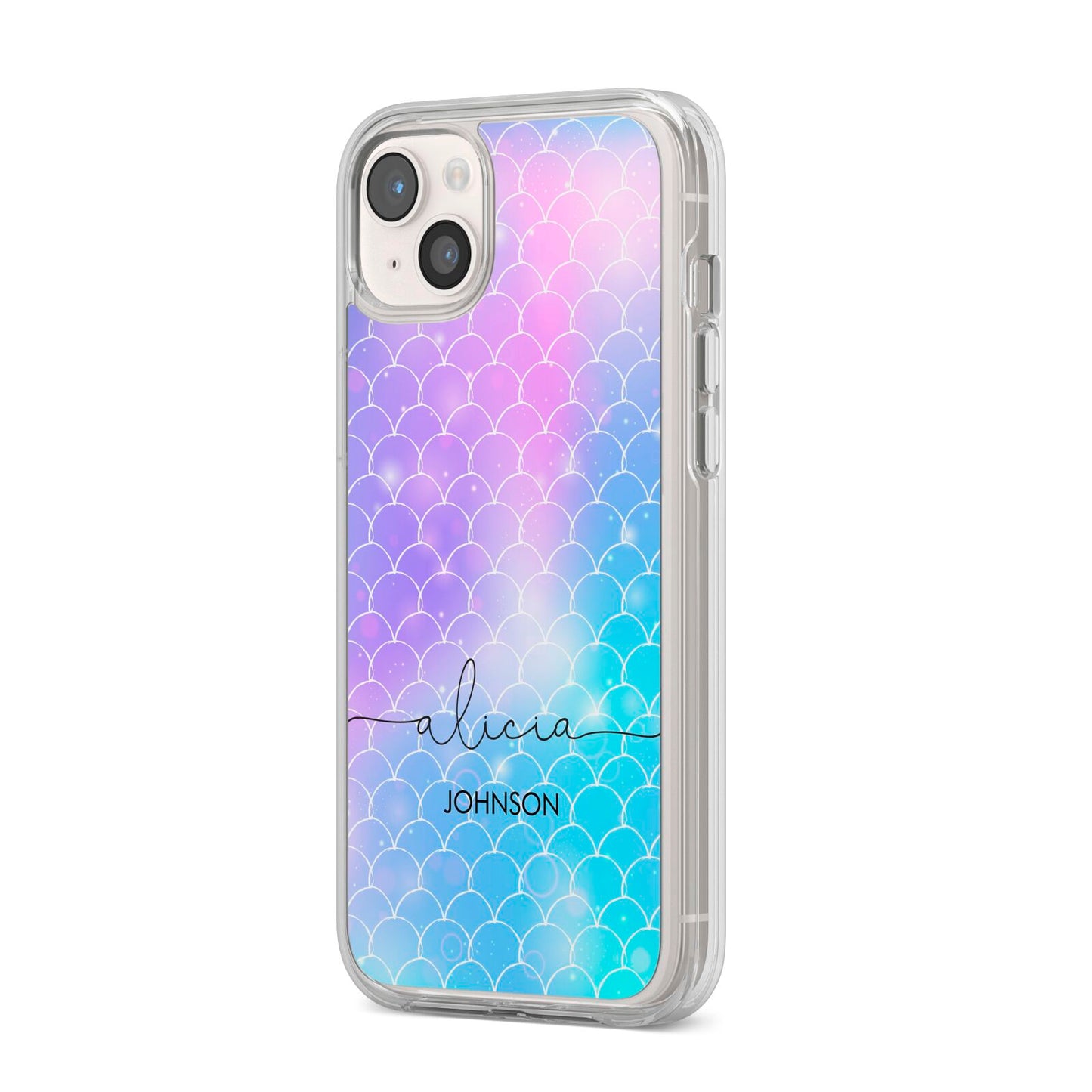 Personalised Mermaid Glitter with Names iPhone 14 Plus Clear Tough Case Starlight Angled Image