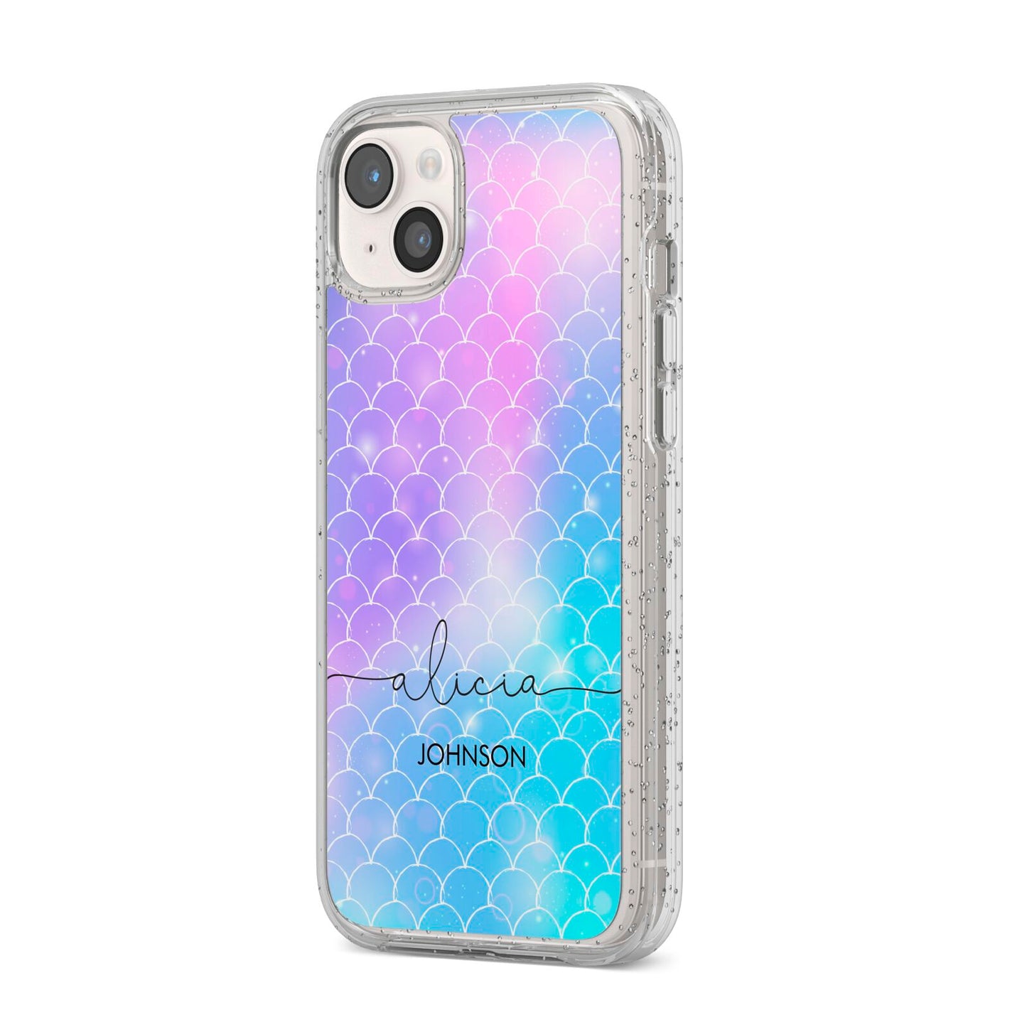 Personalised Mermaid Glitter with Names iPhone 14 Plus Glitter Tough Case Starlight Angled Image