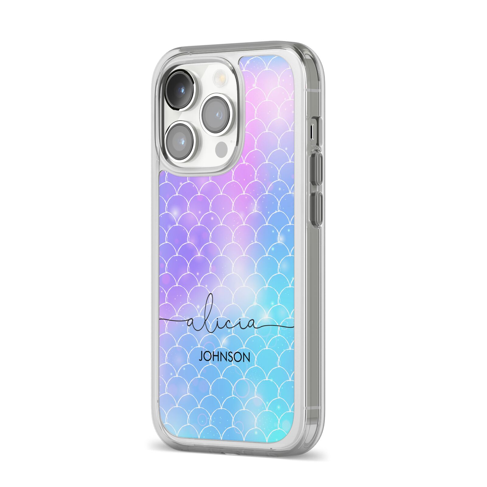 Personalised Mermaid Glitter with Names iPhone 14 Pro Clear Tough Case Silver Angled Image