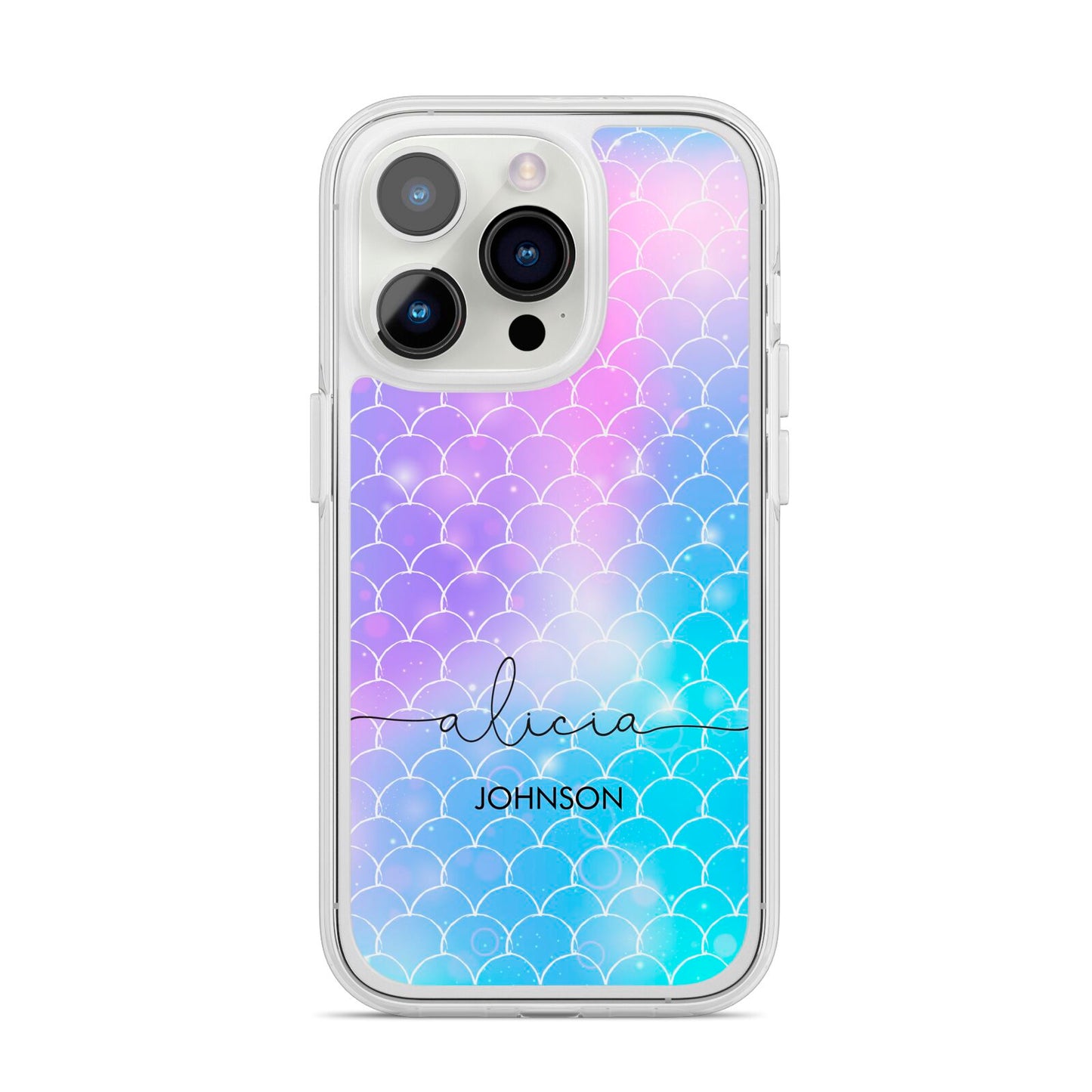Personalised Mermaid Glitter with Names iPhone 14 Pro Clear Tough Case Silver