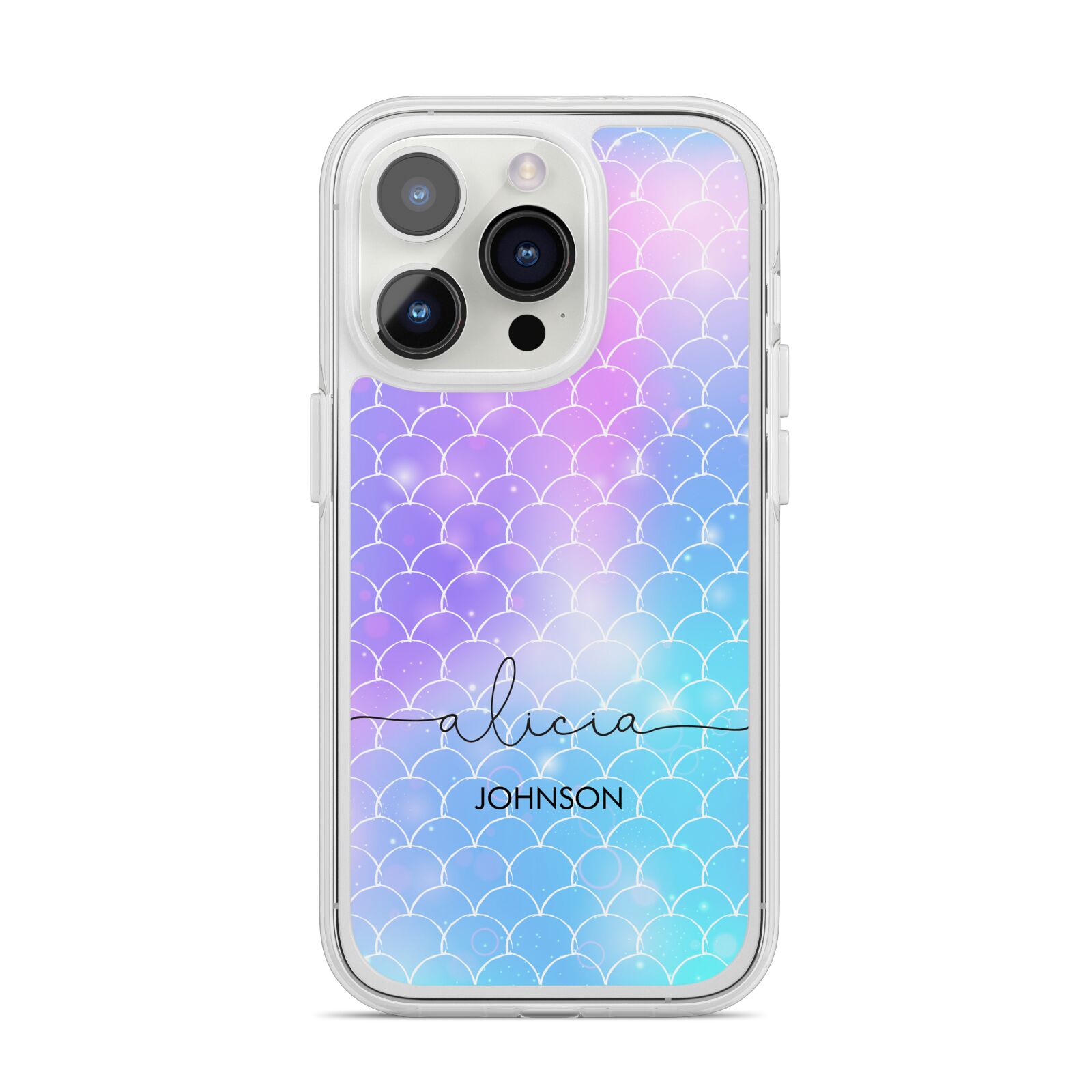 Personalised Mermaid Glitter with Names iPhone 14 Pro Clear Tough Case Silver