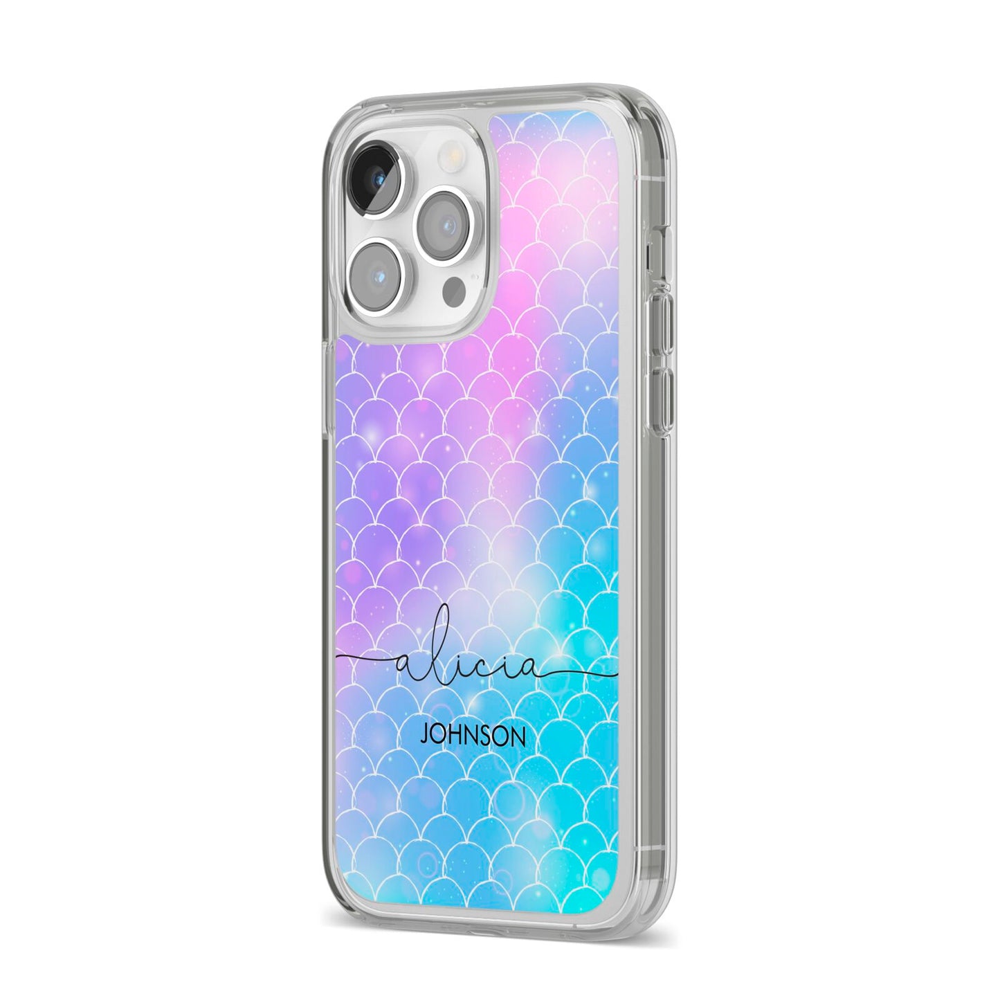 Personalised Mermaid Glitter with Names iPhone 14 Pro Max Clear Tough Case Silver Angled Image