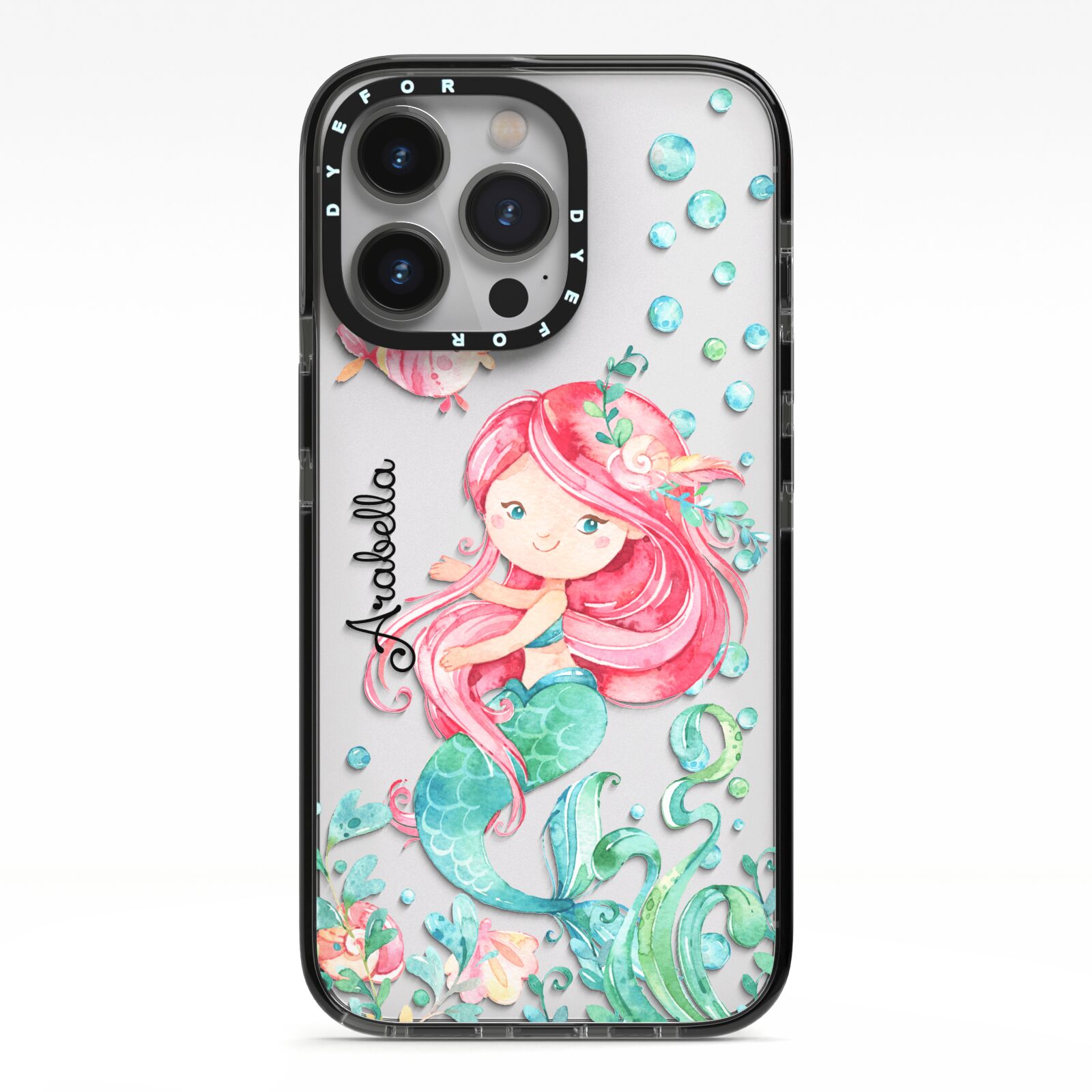 Personalised Mermaid iPhone 13 Pro Black Impact Case on Silver phone
