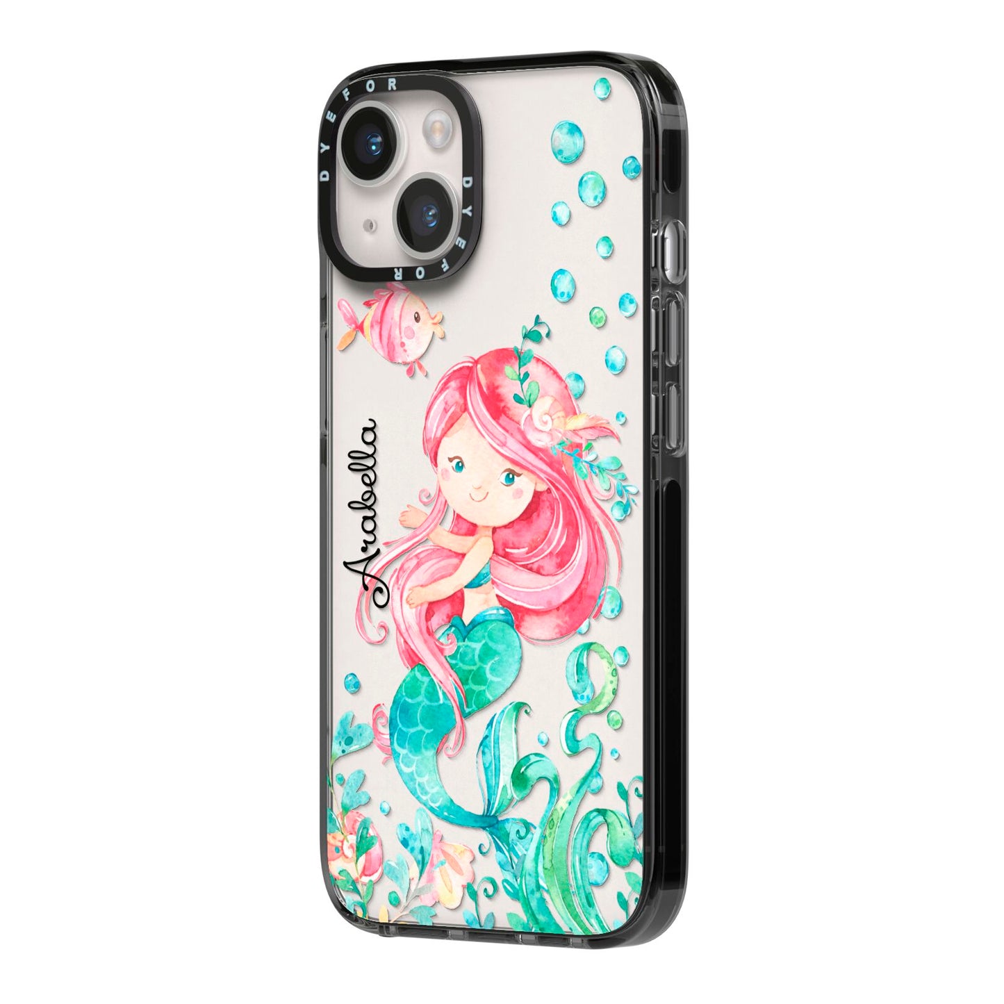 Personalised Mermaid iPhone 14 Black Impact Case Side Angle on Silver phone