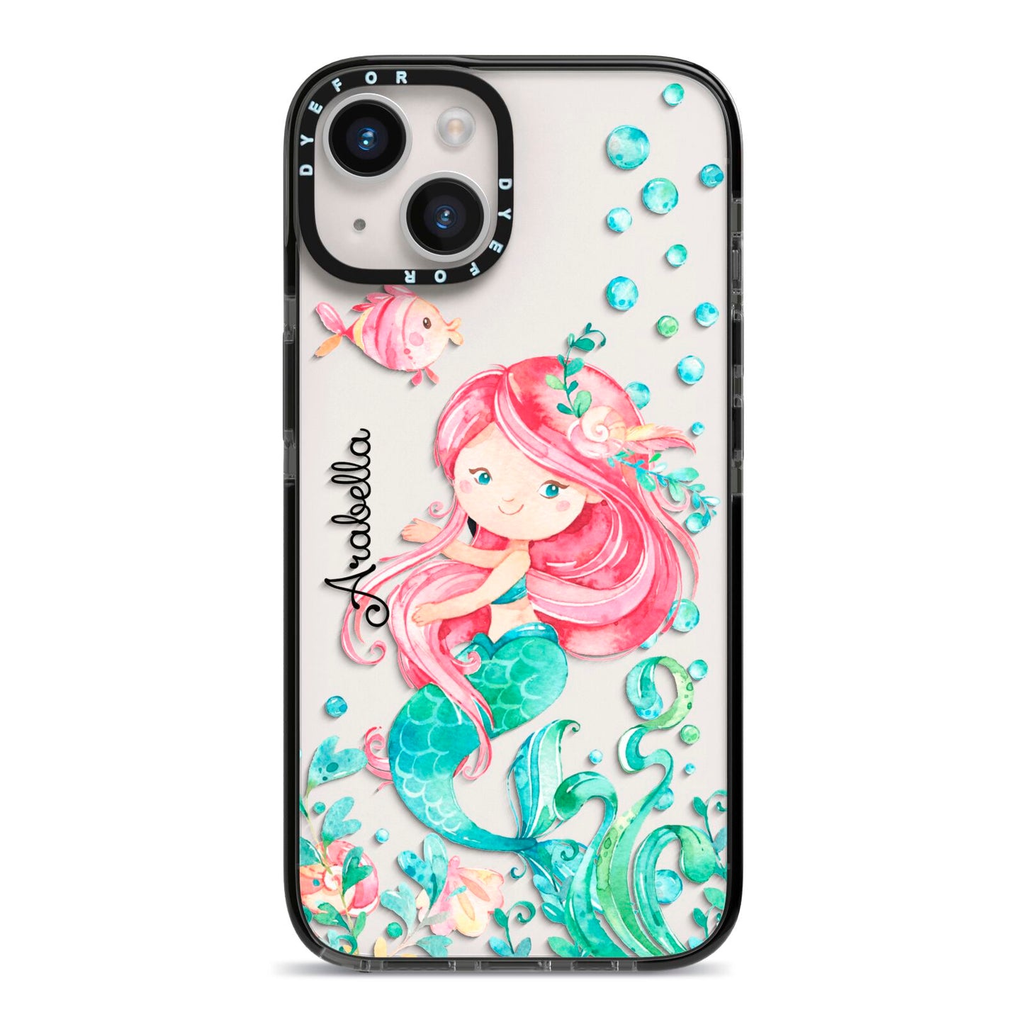 Personalised Mermaid iPhone 14 Black Impact Case on Silver phone