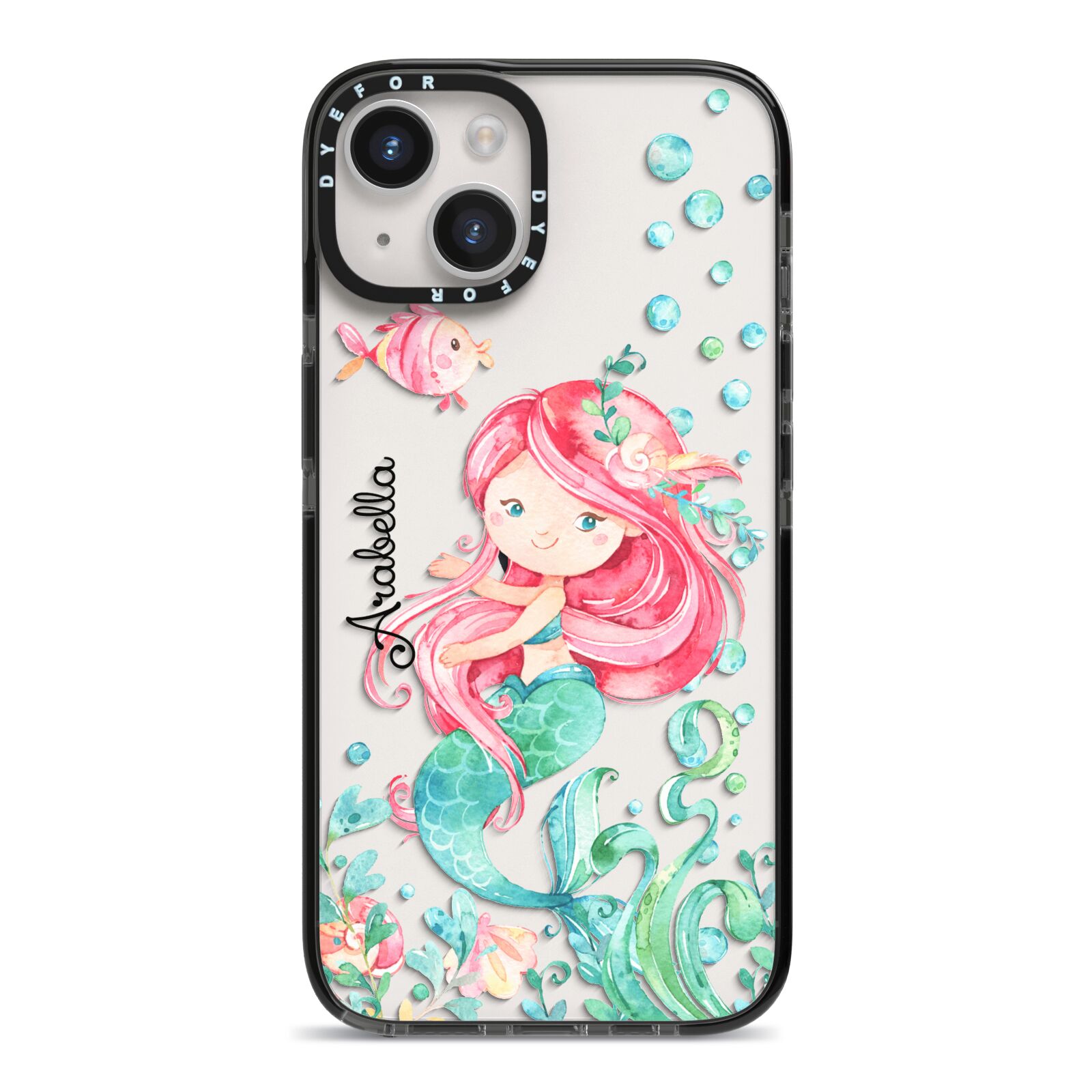 Personalised Mermaid iPhone 14 Black Impact Case on Silver phone