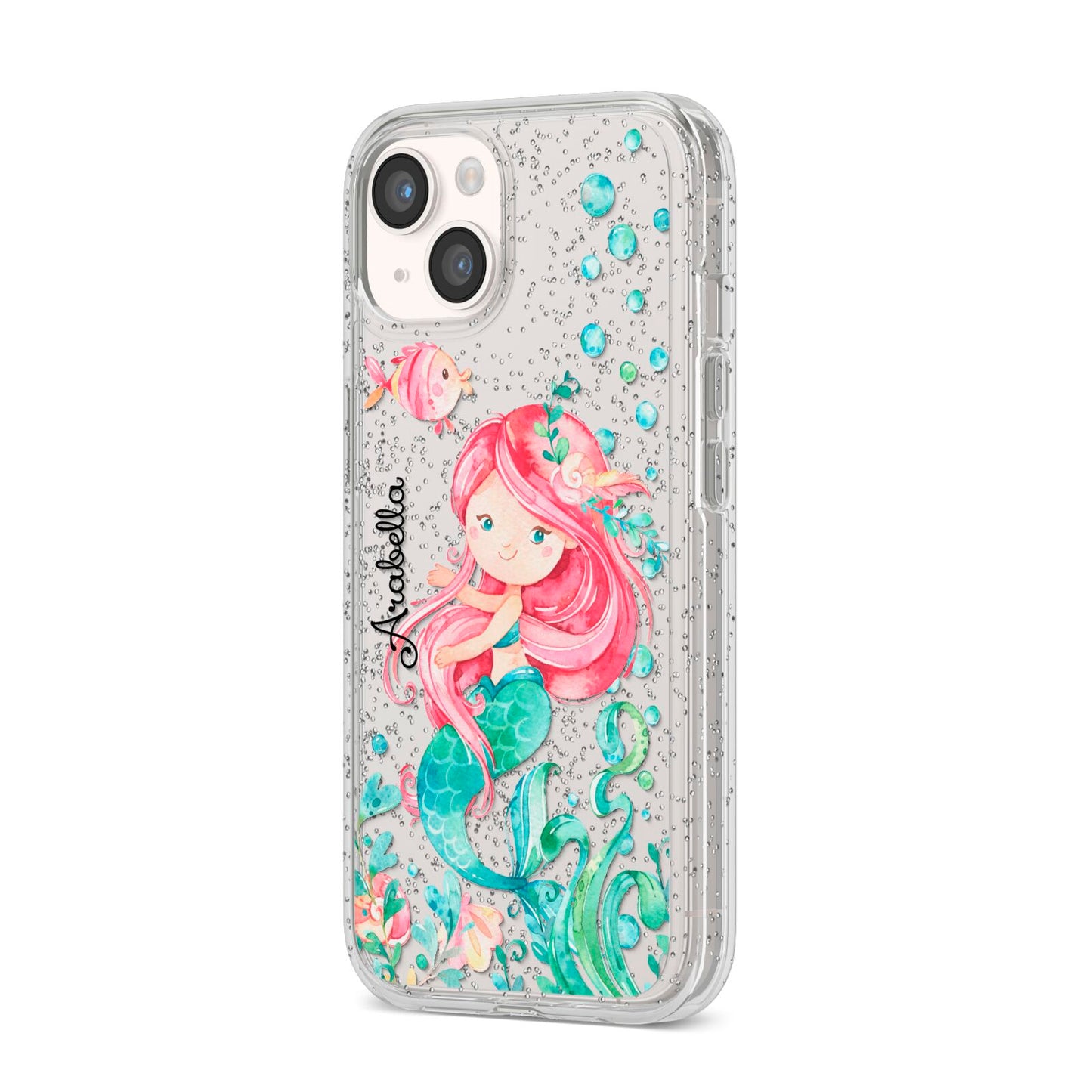 Personalised Mermaid iPhone 14 Glitter Tough Case Starlight Angled Image