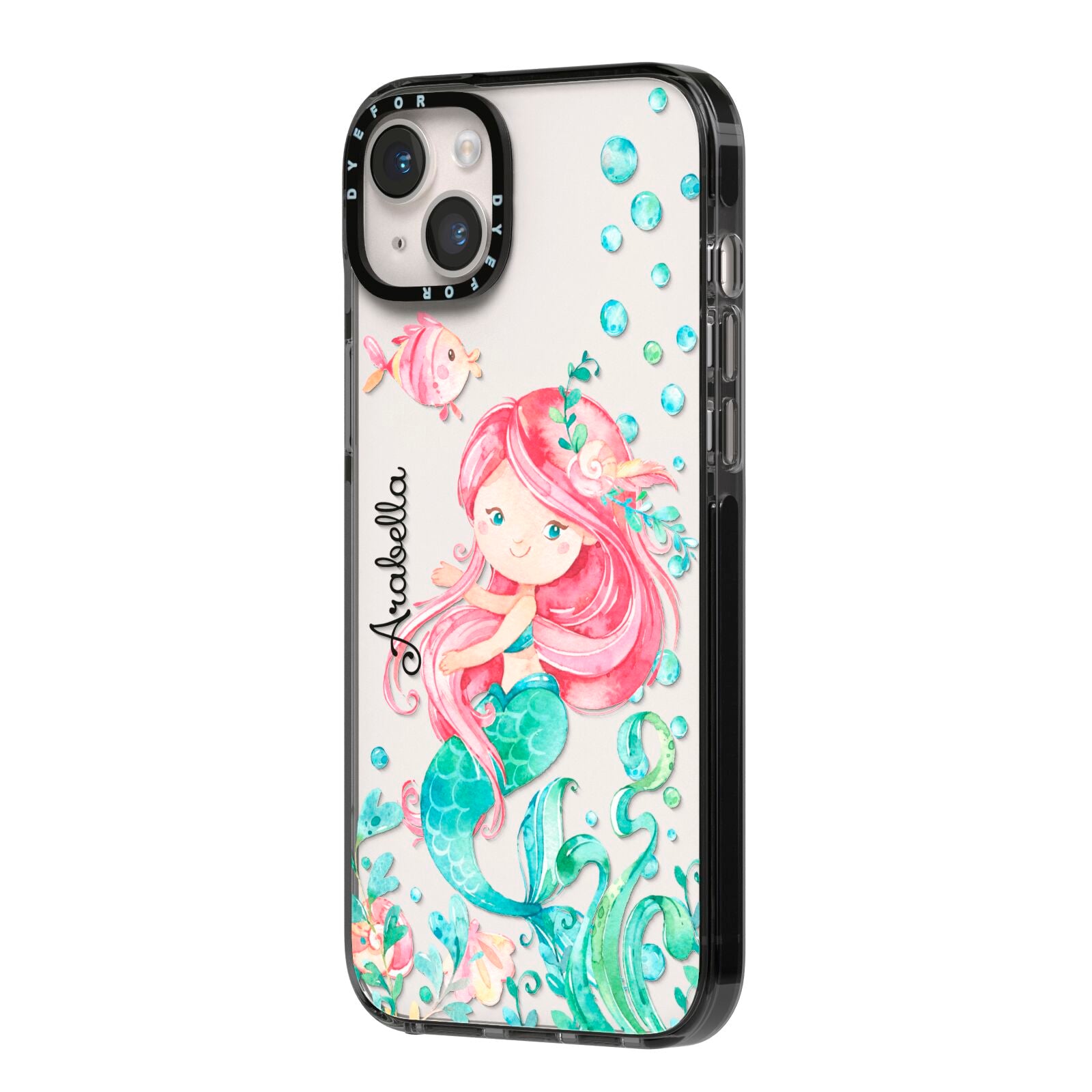 Personalised Mermaid iPhone 14 Plus Black Impact Case Side Angle on Silver phone