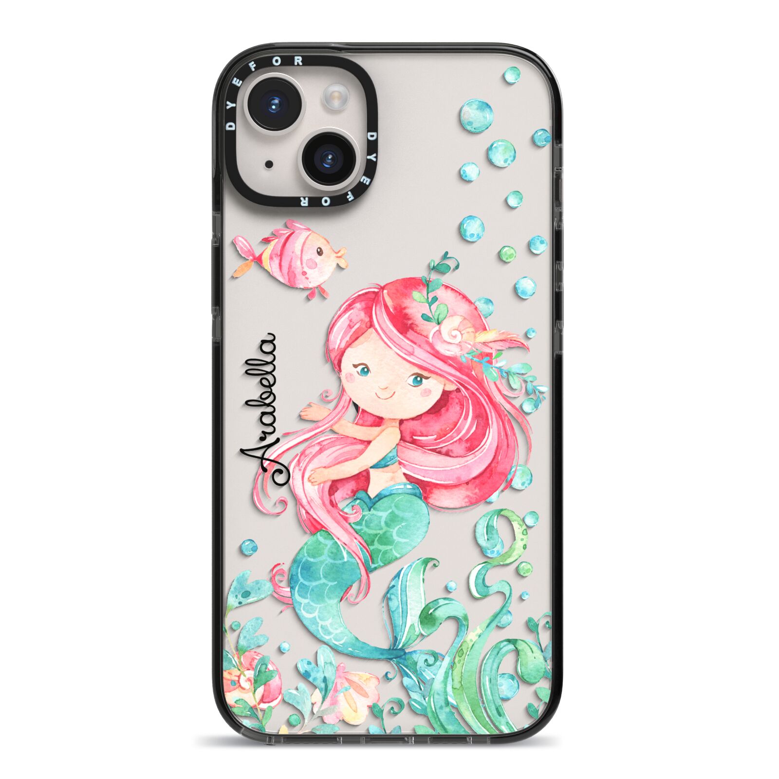Personalised Mermaid iPhone 14 Plus Black Impact Case on Silver phone